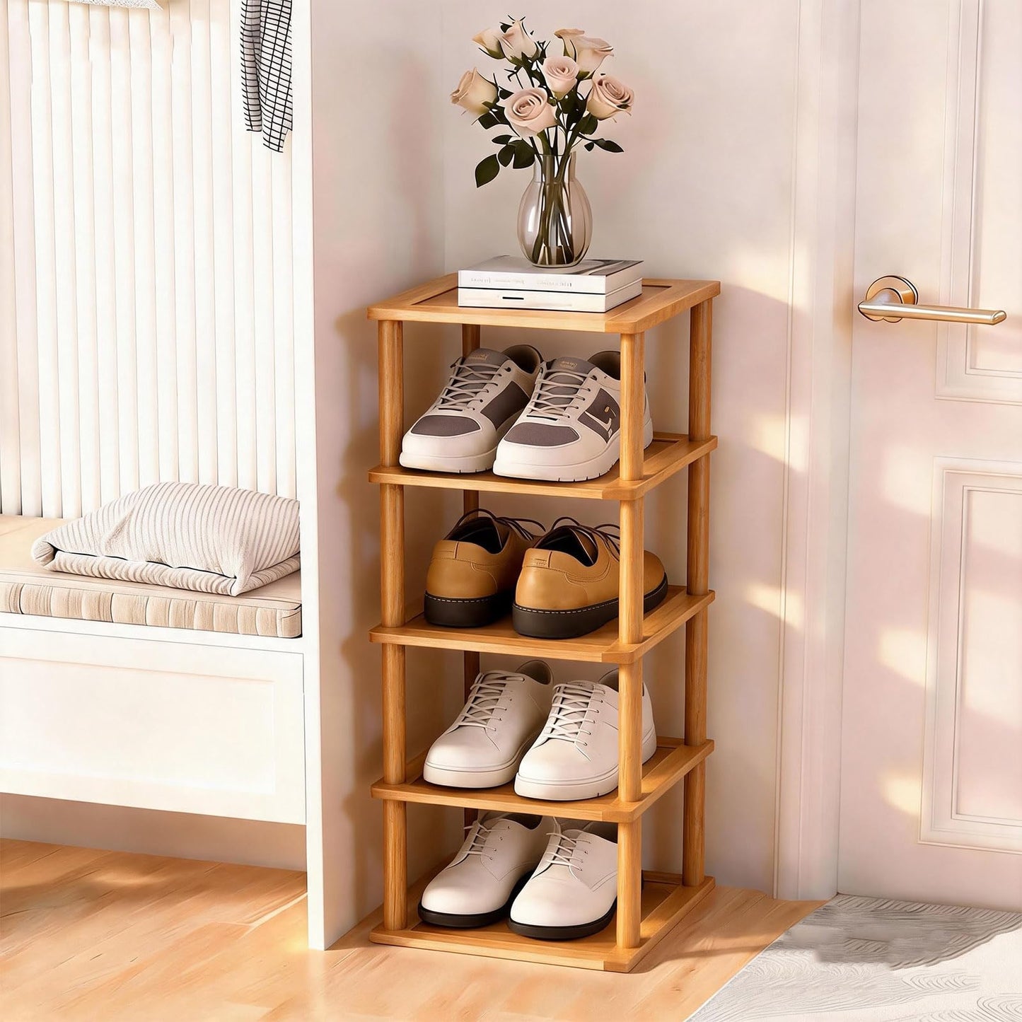 Aniston Bamboo Shoe Rack 5 Tier, Vertical Shoe Rack for Small Spaces, Free Standing Tall Narrow Shoe Organizer for Garage, Closet, Doorway, Corner