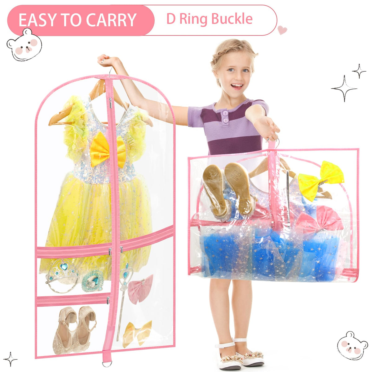 4 Pack Clear Dance Garment Bags 40" Dance Costume Bags with 3 Pockets,Pink