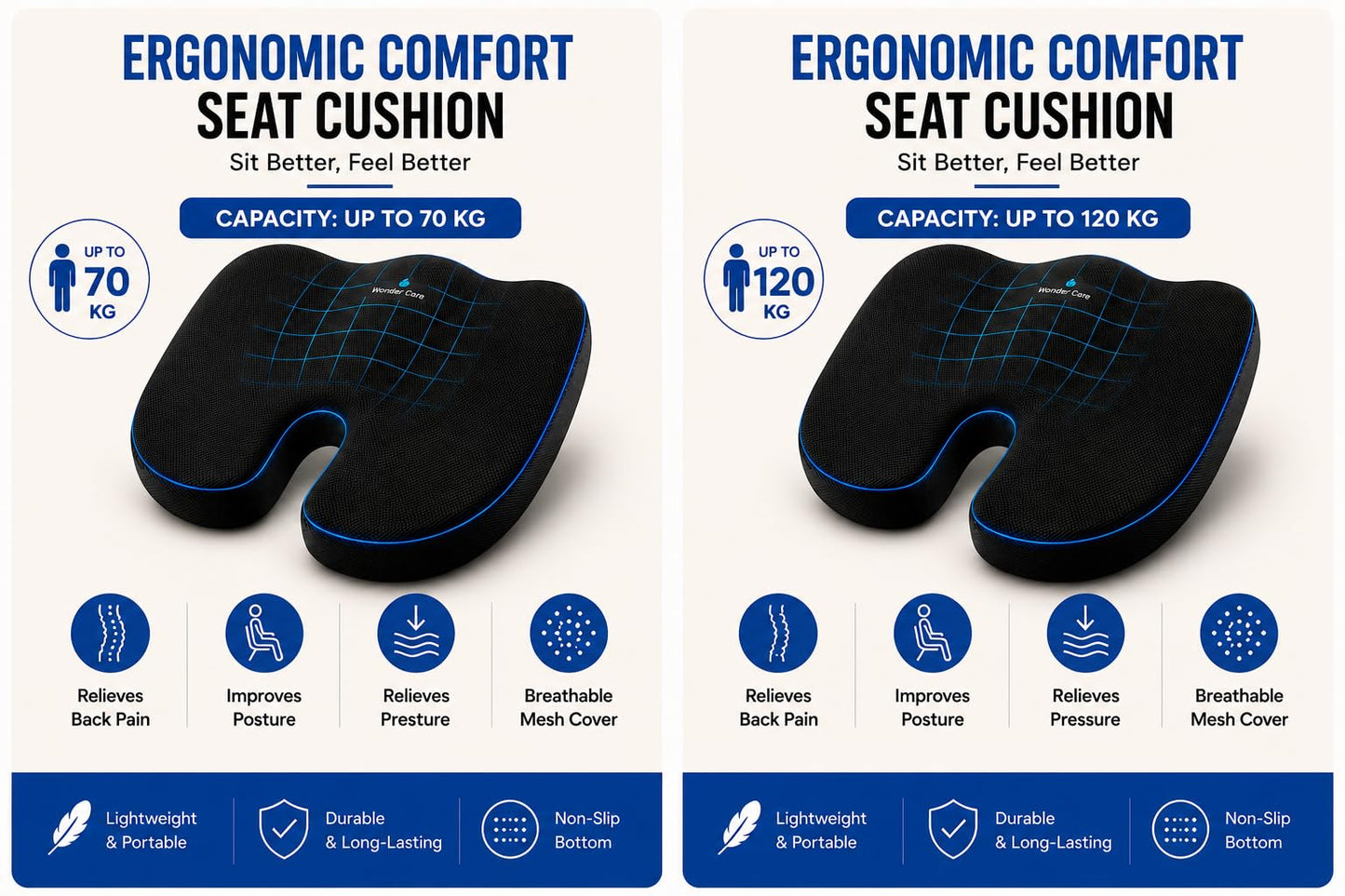 Wonder Care Orthopedic Coccyx Cusion | High Density Memory Foam for Back Pain, Sciatica, Tailbone Relief (Velvet Cover, 70Kg)