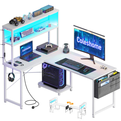 Coleshome L Shaped Gaming Desk with LED Lights & Power Outlet, White