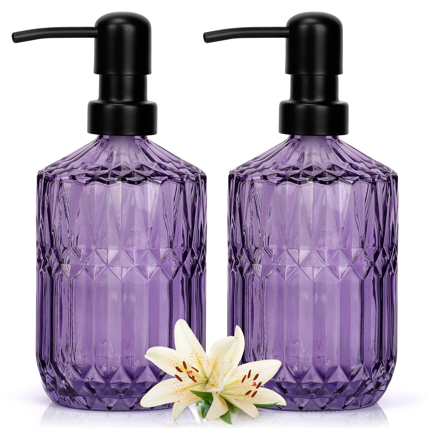 2 Pcs Glass Soap Dispenser with Pump,13.5 Oz/400 ml Washing up Liquid Dispenser, BPA Free Refillable Non-slip Pump Bottle for Shampoo,Shower Gel in