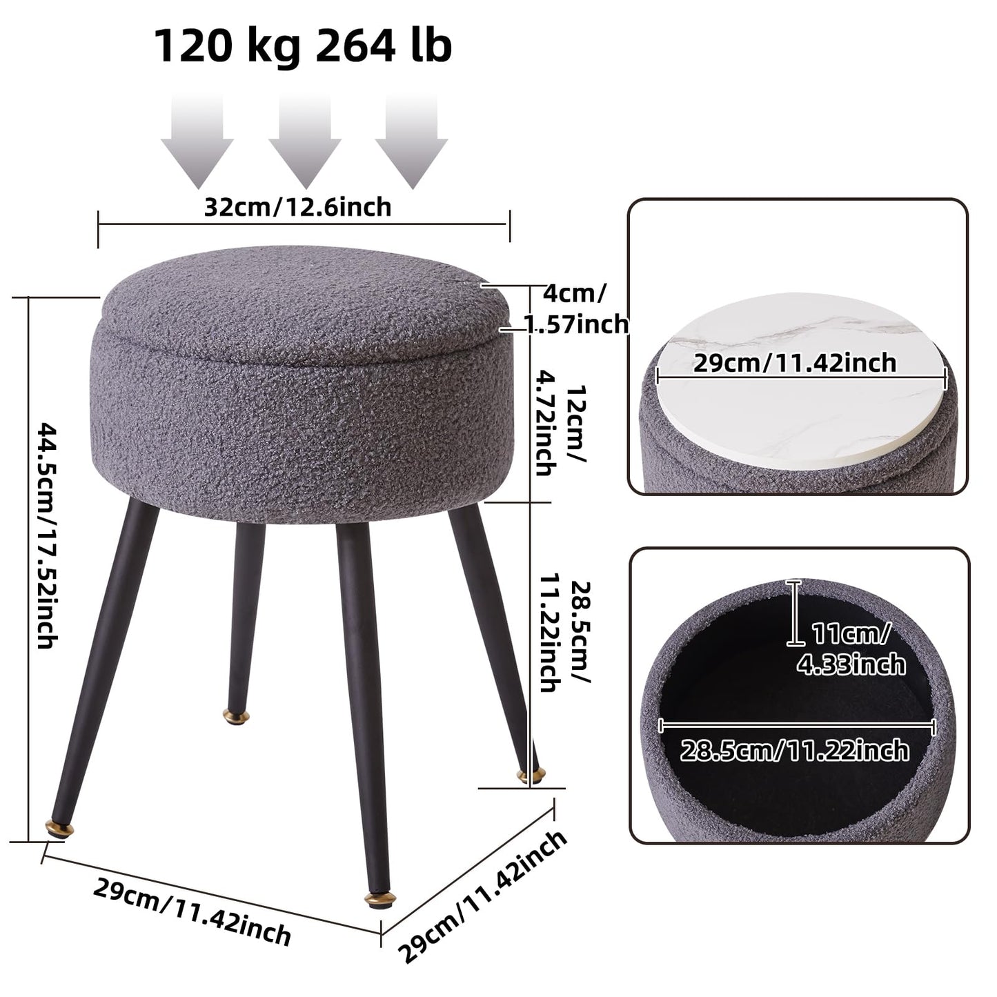 Aibiju Dressing Table Chair with Storage Space, Round Faux Teddy Fur Footrest Footstool Ottoman with 4 Metal Legs