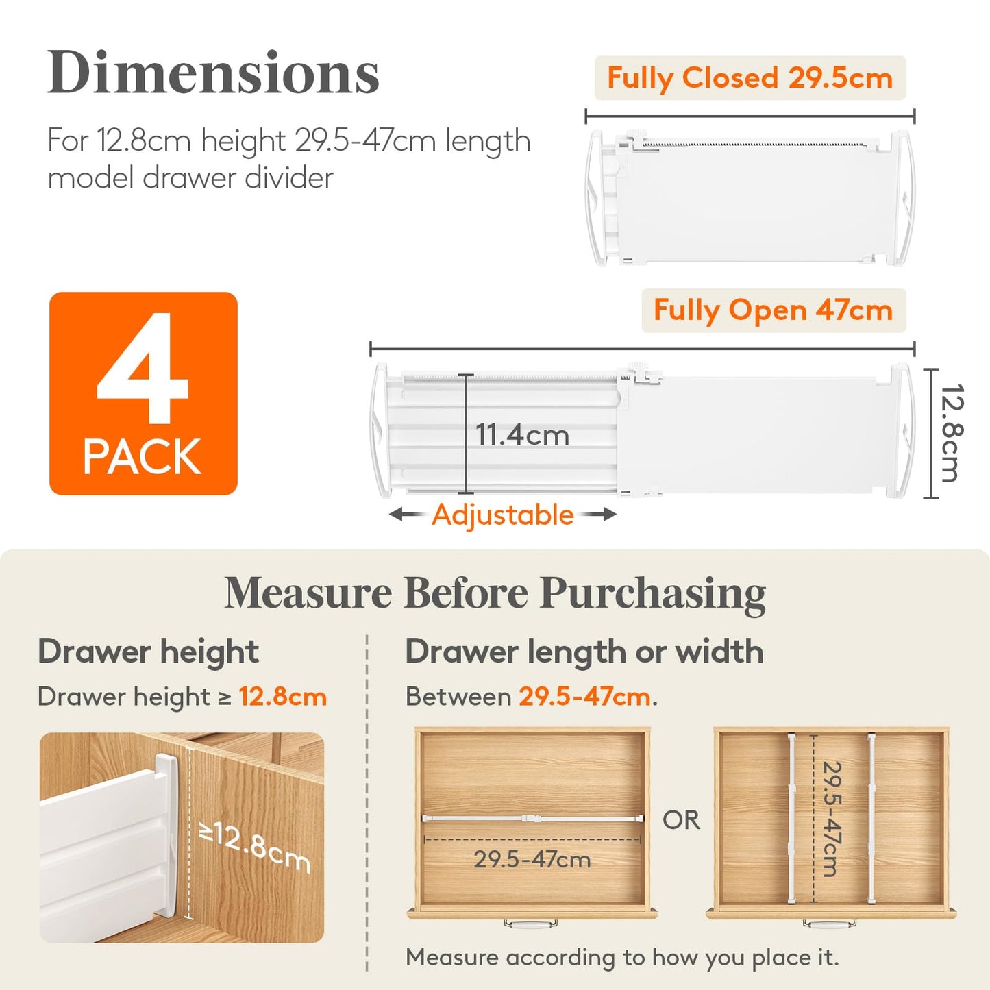 Lifewit 4 Pack 5" High Drawer Dividers 30-47cm/11.5-18.5" Adjustable Drawer Dividers for Clothes, Expandable Kitchen Drawer Dividers Organisers