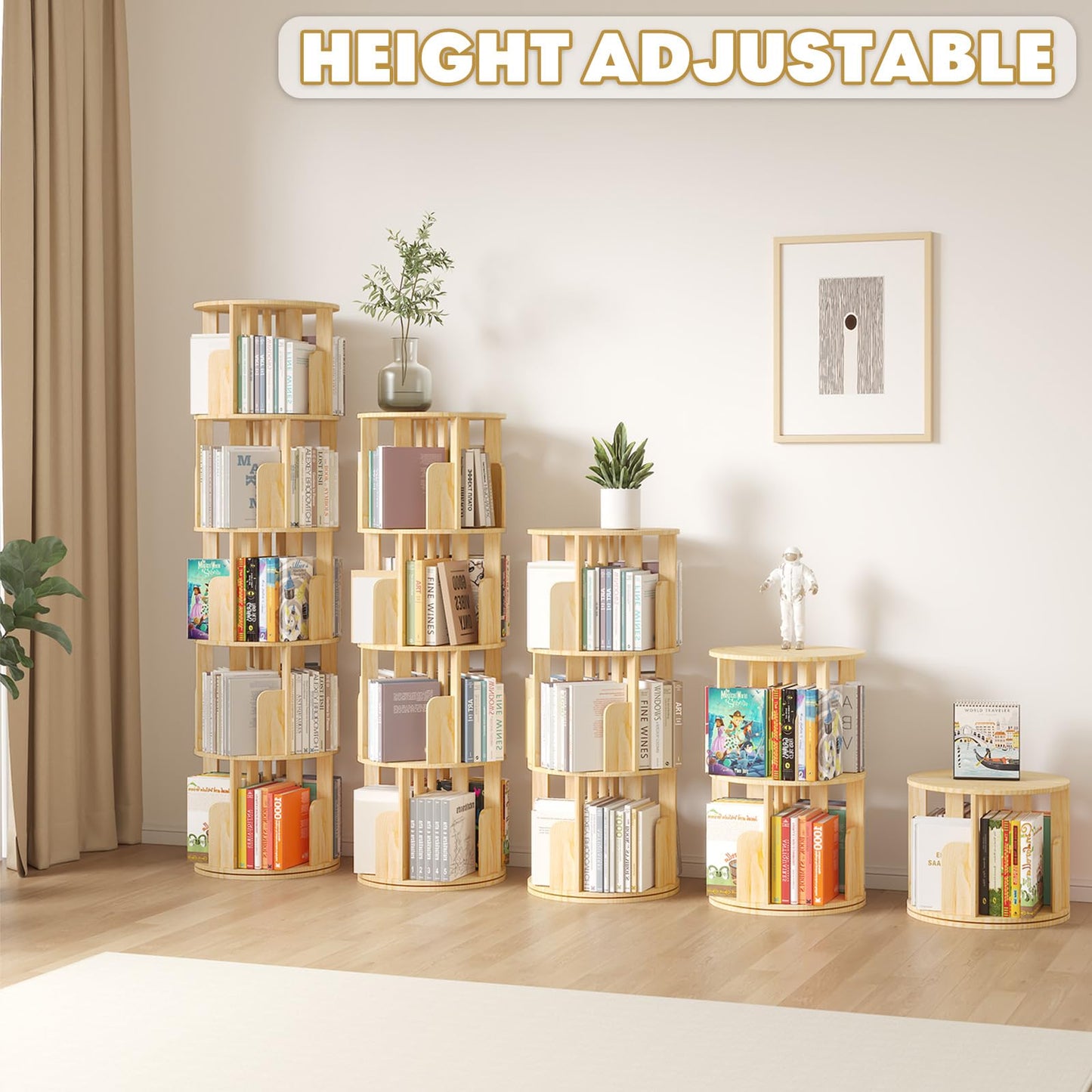YGYQZ Rotating Bookshelf, 5 Tier Floor Standing Bookcase Wood 360 Display Narrow Book Shelf Organizer for Kids & Adult Storage Rack for Bedroom