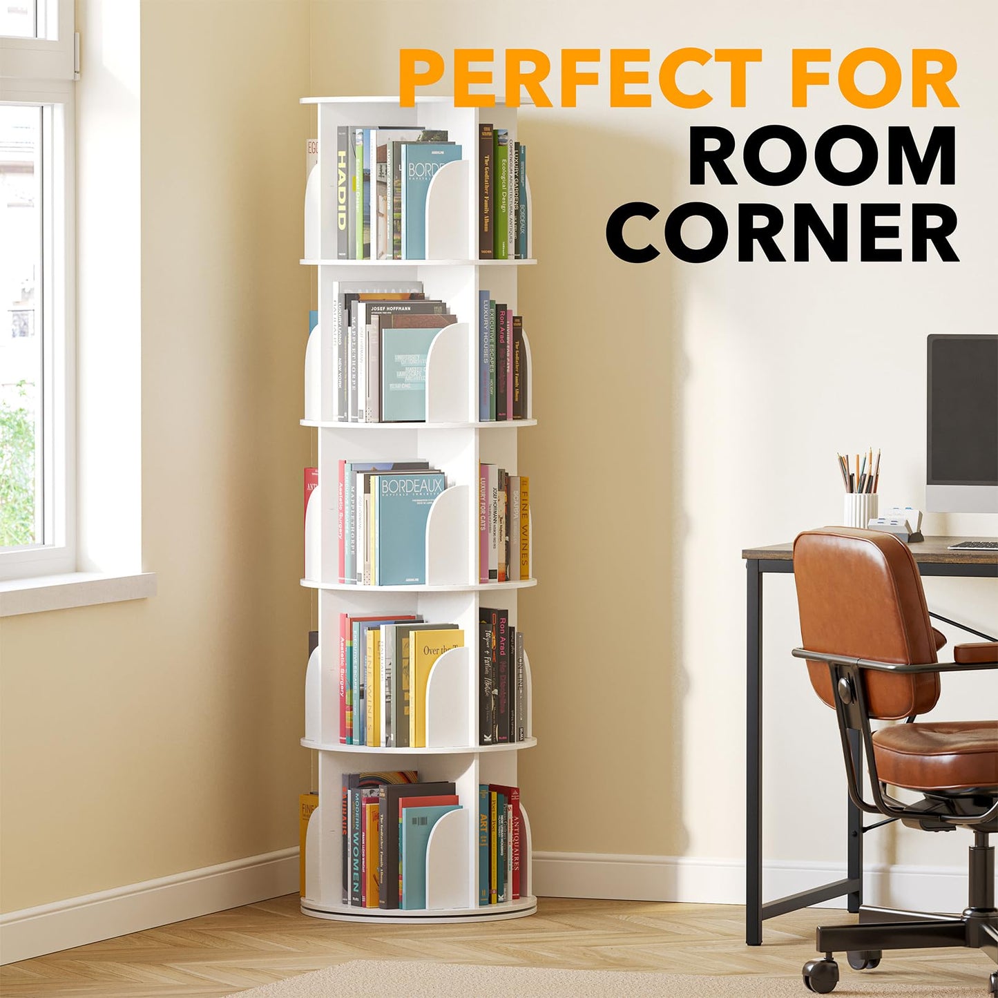 SpaceAid 5-Tier Rotating Shelf Tower, Rotating Lazy Susan Bookcase, 360° Round Storage Rack, Vertical Rotation, Spiral Corner Organizer, White