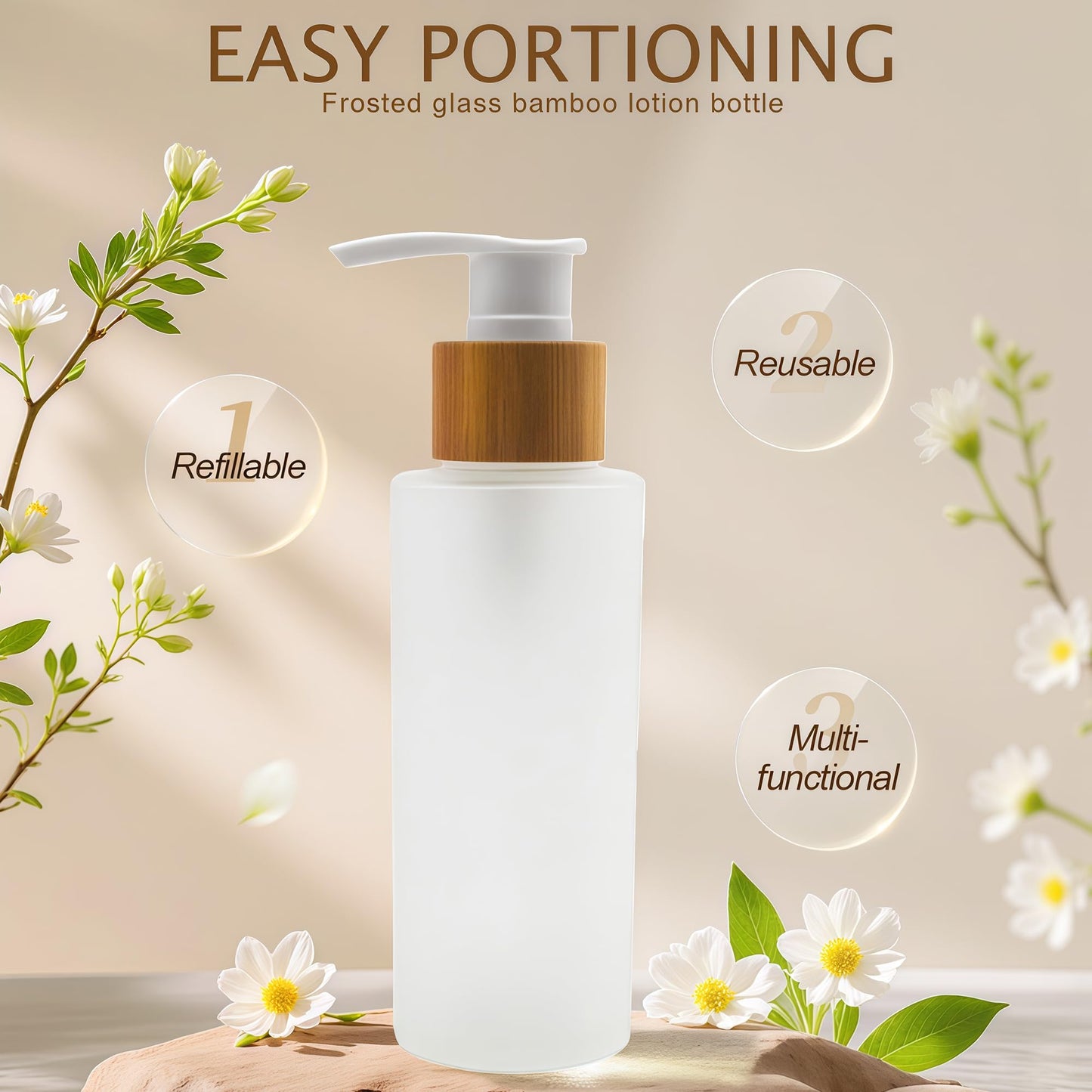 Bamboopack 120ml/4oz Frosted Glass Lotion Pump Bottle with Bamboo Screw