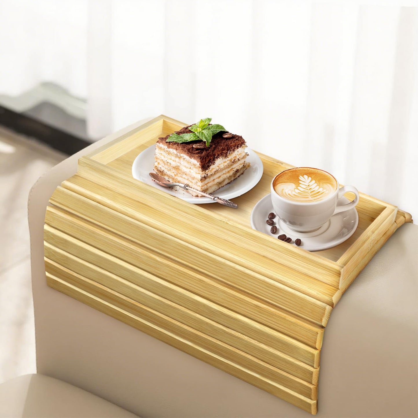 AOOHA Square Couch Protector Tray,Foldable Wooden Armrest Tray with Non-Slip Backing,Natural Bamboo Sofa Arm Table,Bamboo Sofa Rest Table for