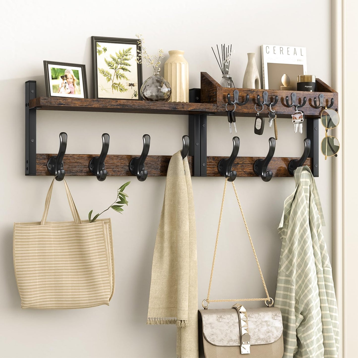 Xygobla Wall Mounted Coat Rack with Shelf and 11 Hooks, Carbon Steel and Solid Wood Organiser with Key and Mail Holder for Living Room, Bedroom