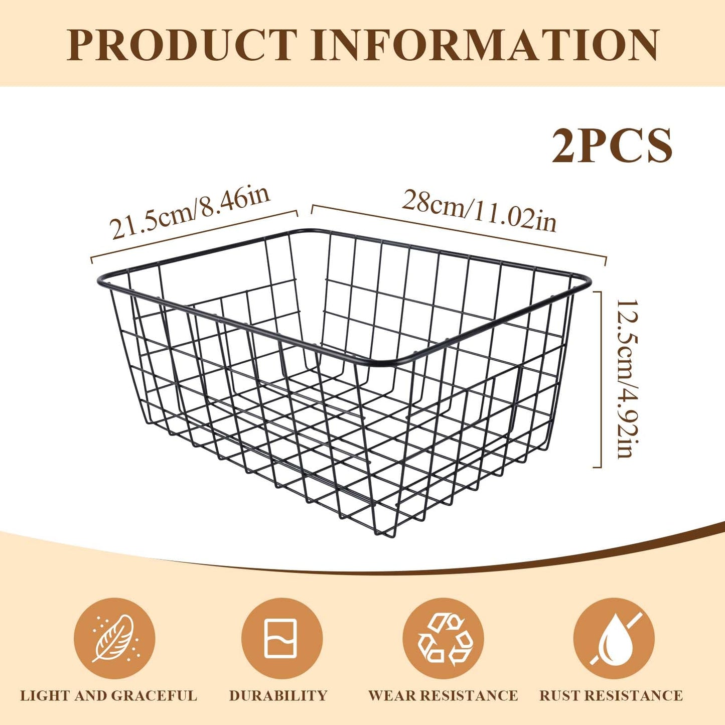 2 Metal Wire Storage Basket with Handles for Kitchen Cabinet Bedroom Bathroom Heavy Duty Rust Resistant Mesh Design Ideal for Organizing Household