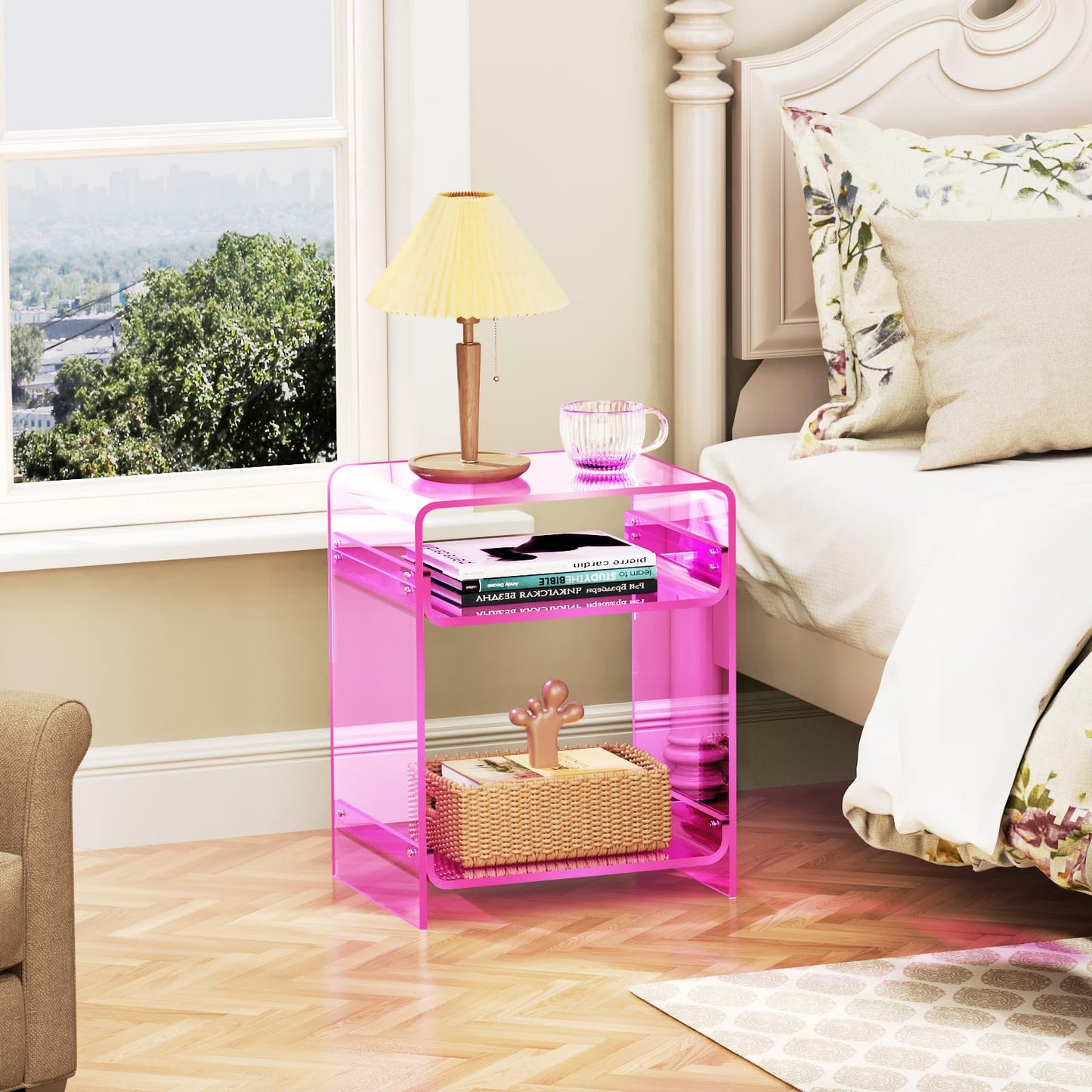 Acrylic End Table with Storage Shelf, Clear Side Table, Record Player Table, Nightstand, 15.7x19.7x11.8 (Pink, 40×30×50 cm)