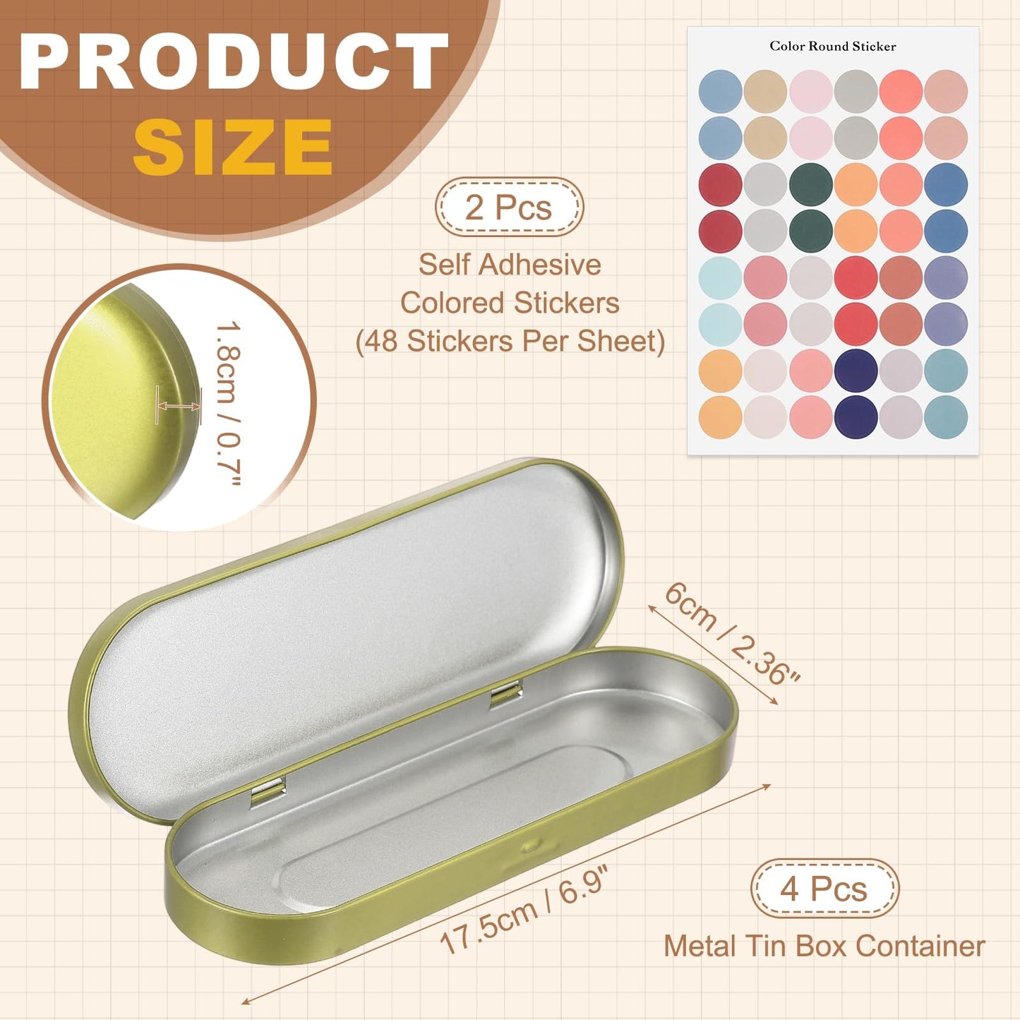 sourcing map 4Pcs Metal Tin Box Container, 6.9x2.4x0.7 Oval Empty Hinged Lid Box with Self Adhesive Colored Sticker
