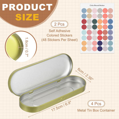 sourcing map 4Pcs Metal Tin Box Container, 6.9x2.4x0.7 Oval Empty Hinged Lid Box with Self Adhesive Colored Sticker