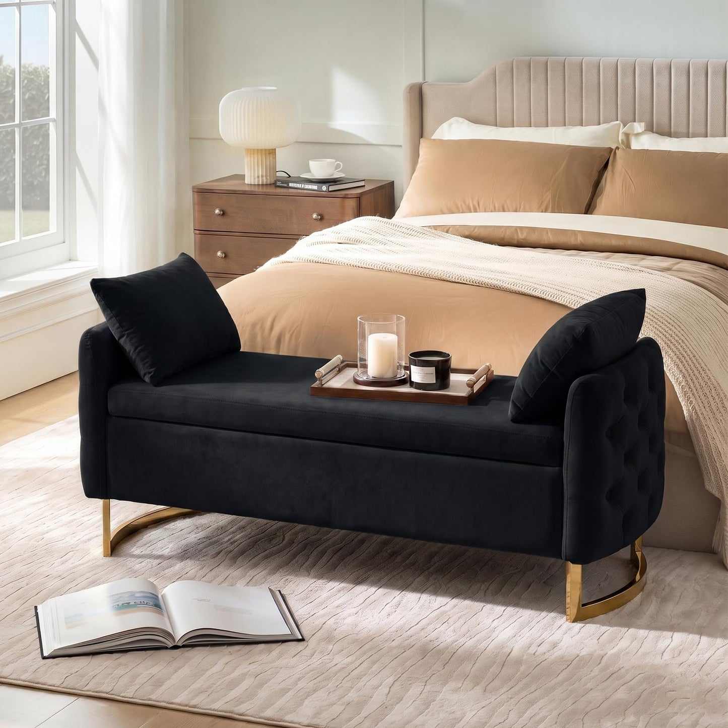 HULALA HOME Large Storage Bench with Metal Base for End of Bed, Black