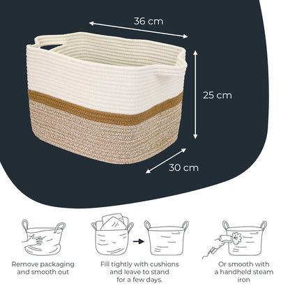 HMF Storage Basket with Extended Handles, Cotton Basket | 36 x 30 x 25 cm | White/Brown