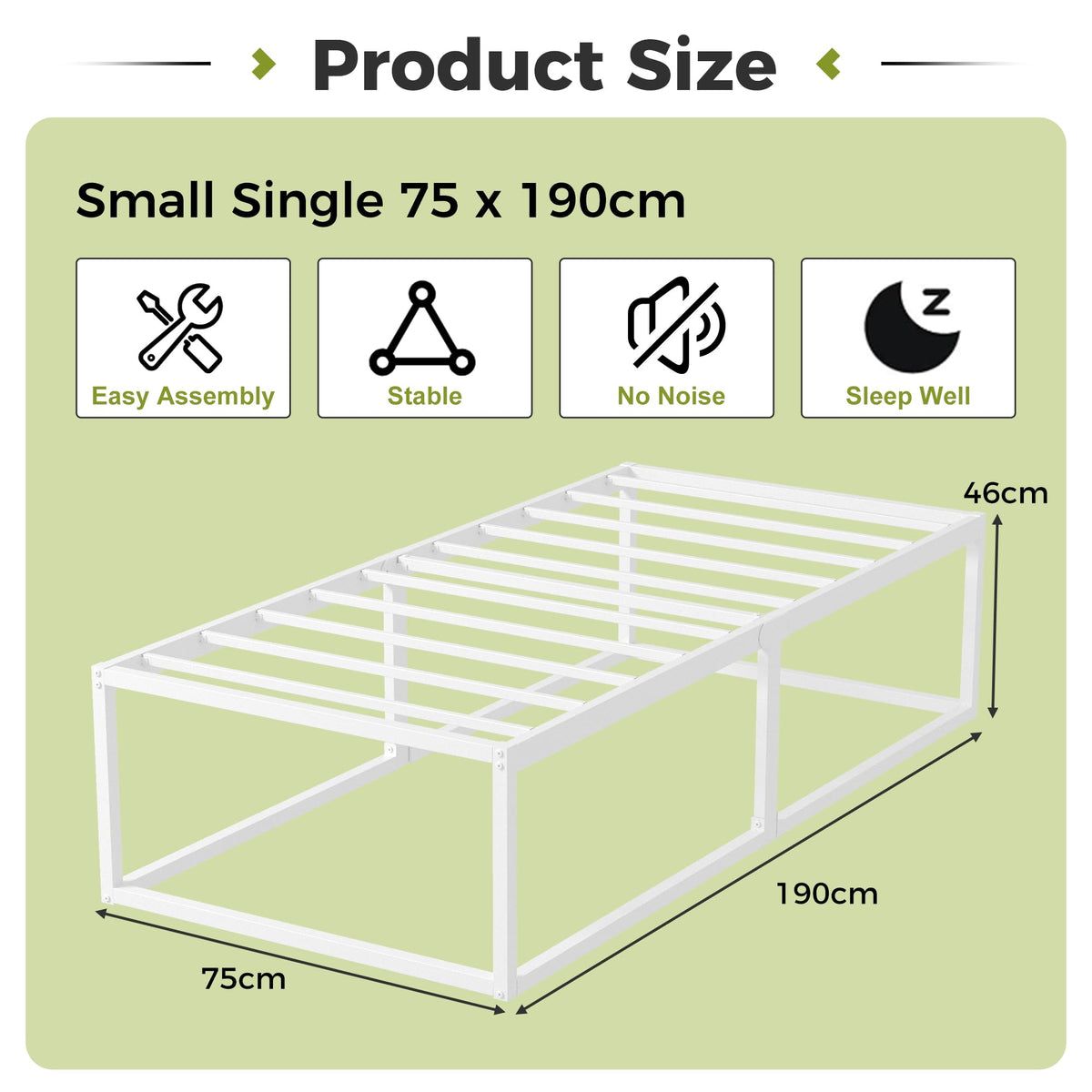 EMODA Small Single Bed Frame 75x190 cm with Sturdy Slats Support, White