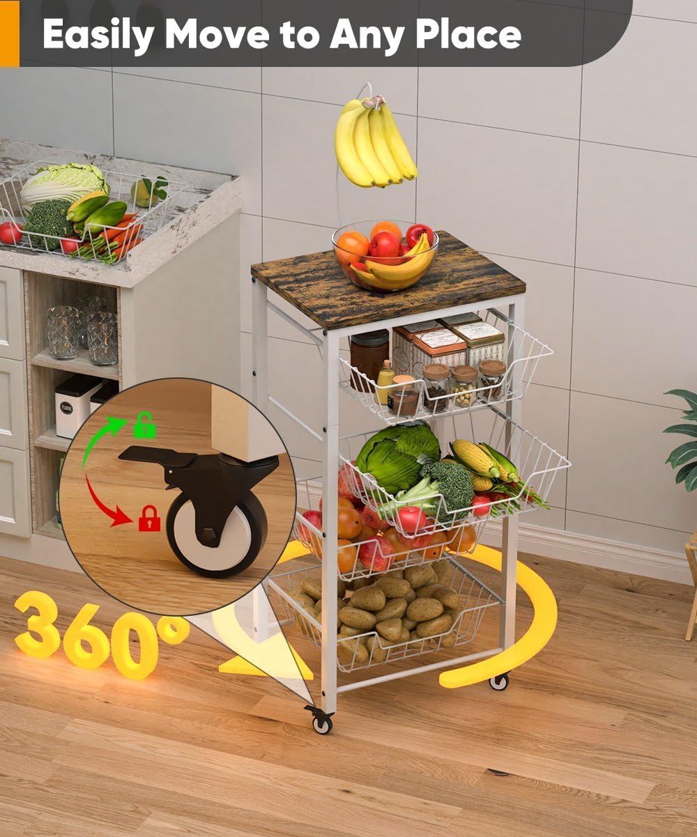 Garbuildman 5-Tier Kitchen Storage Cart with Pull-Out Wire Baskets - Fruit & Vegetable Organiser with Wooden Top & Banana Holder for Pantry