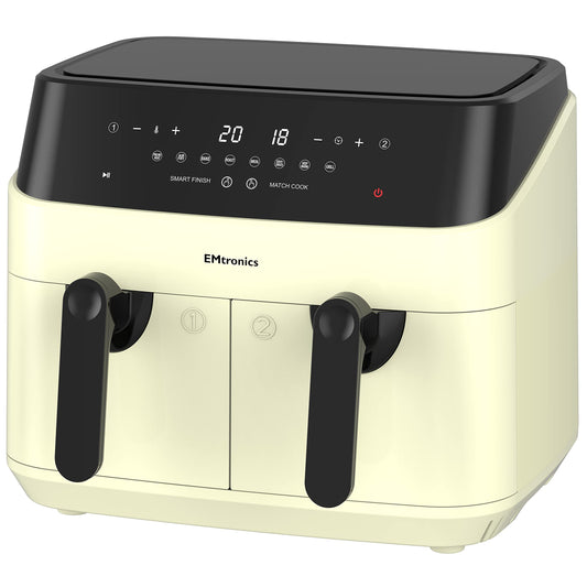EMtronics EMAFDD9LCR Dual Air Fryer Extra Large Family Size Double XL 9 Litre with 8 Adjustable Pre-Set Menus for Oil Free & Low Fat Healthy Cooking,