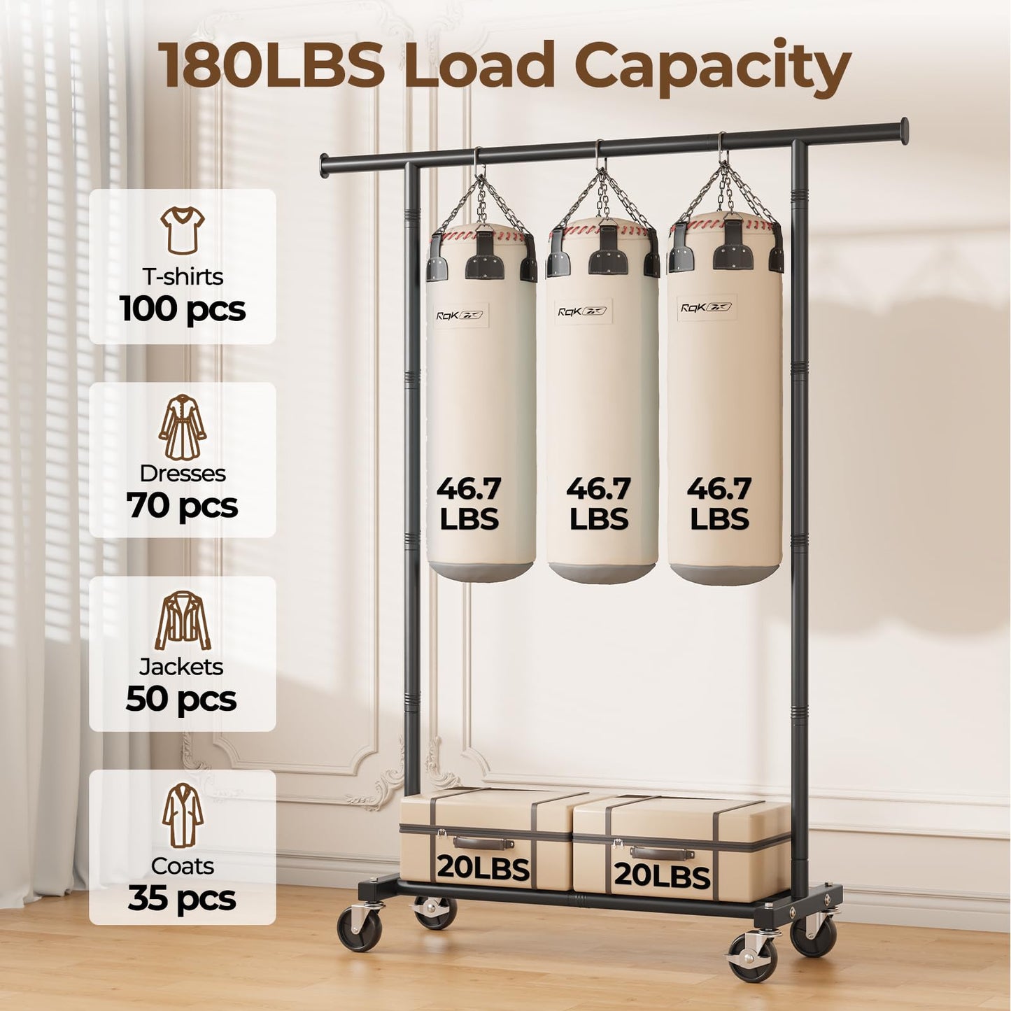 HYSEYY Heavy Duty Clothes Rail, Rolling Clothes Rack, Clothing Rail with Lockable Wheels & Shelf, Sturdy Clothing Rack for Bedroom, Laundry Room