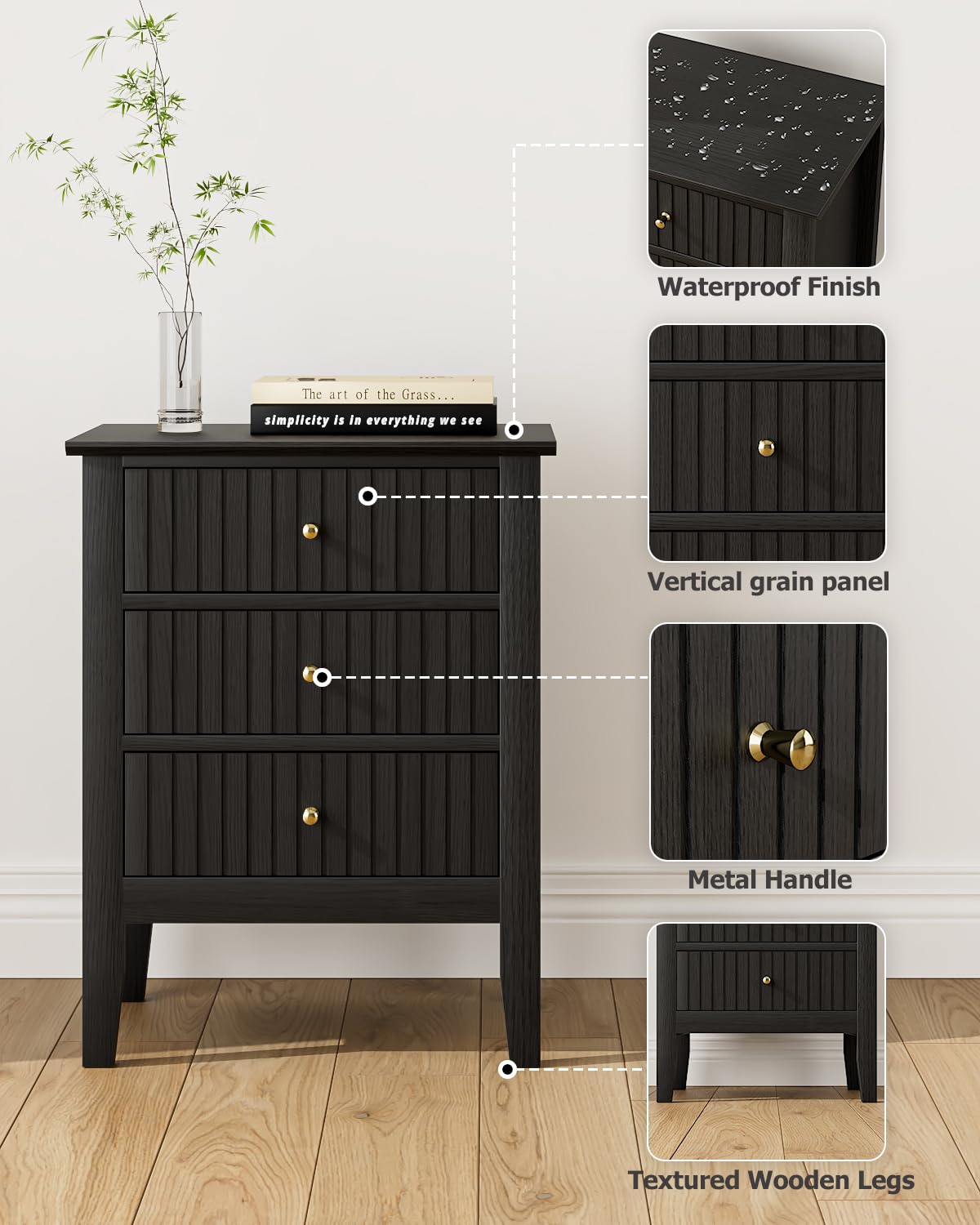 HEYZOEY Black Country Bedside Table, 3 Fluted Drawers, 17.8×13.3×24 in
