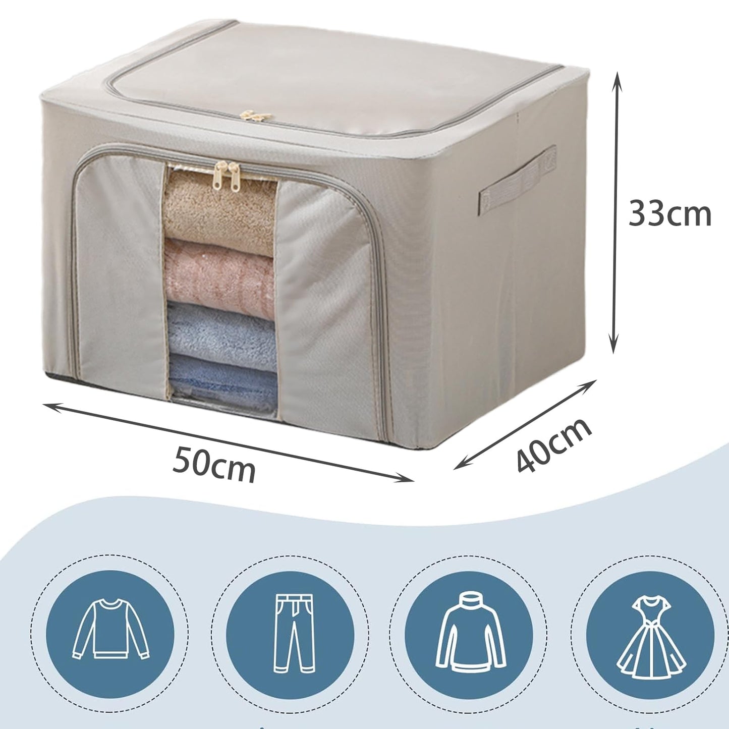Goesort 3 Pack Clothes Storage Boxes with Steel Frame Support, 66L Moving Bag Wardrobe Storage Organiser Packing Boxes for Moving House with Clear