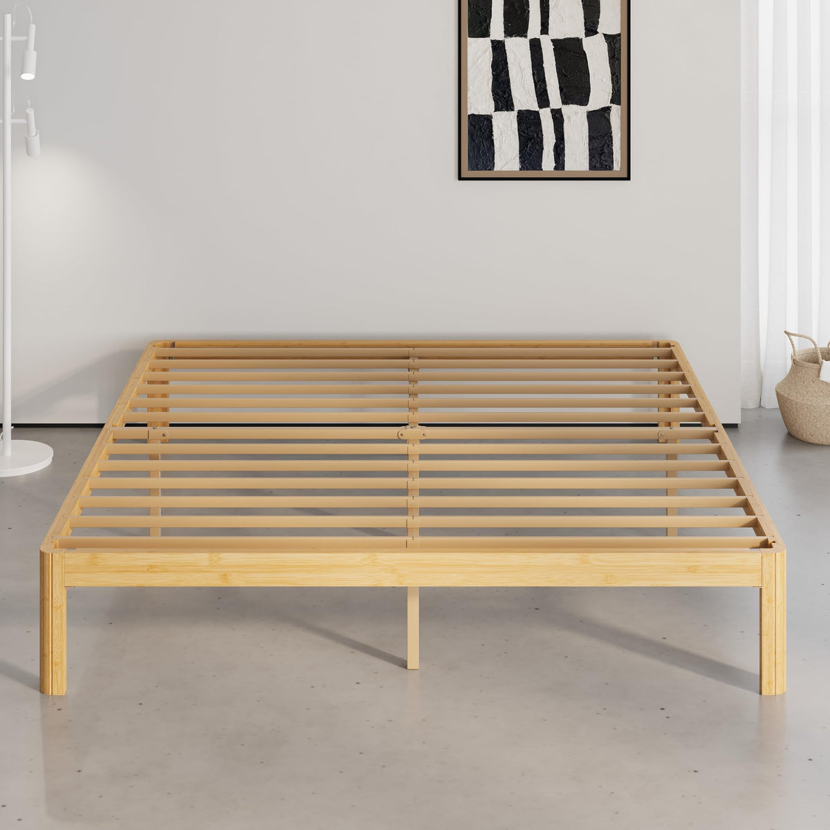 QFtime Bamboo Wood King Size Bed Frame with Metal Slats Support, Platform King Bed Frame, Easy to Install, Noise Free, Sturdy, 30.5 cm High