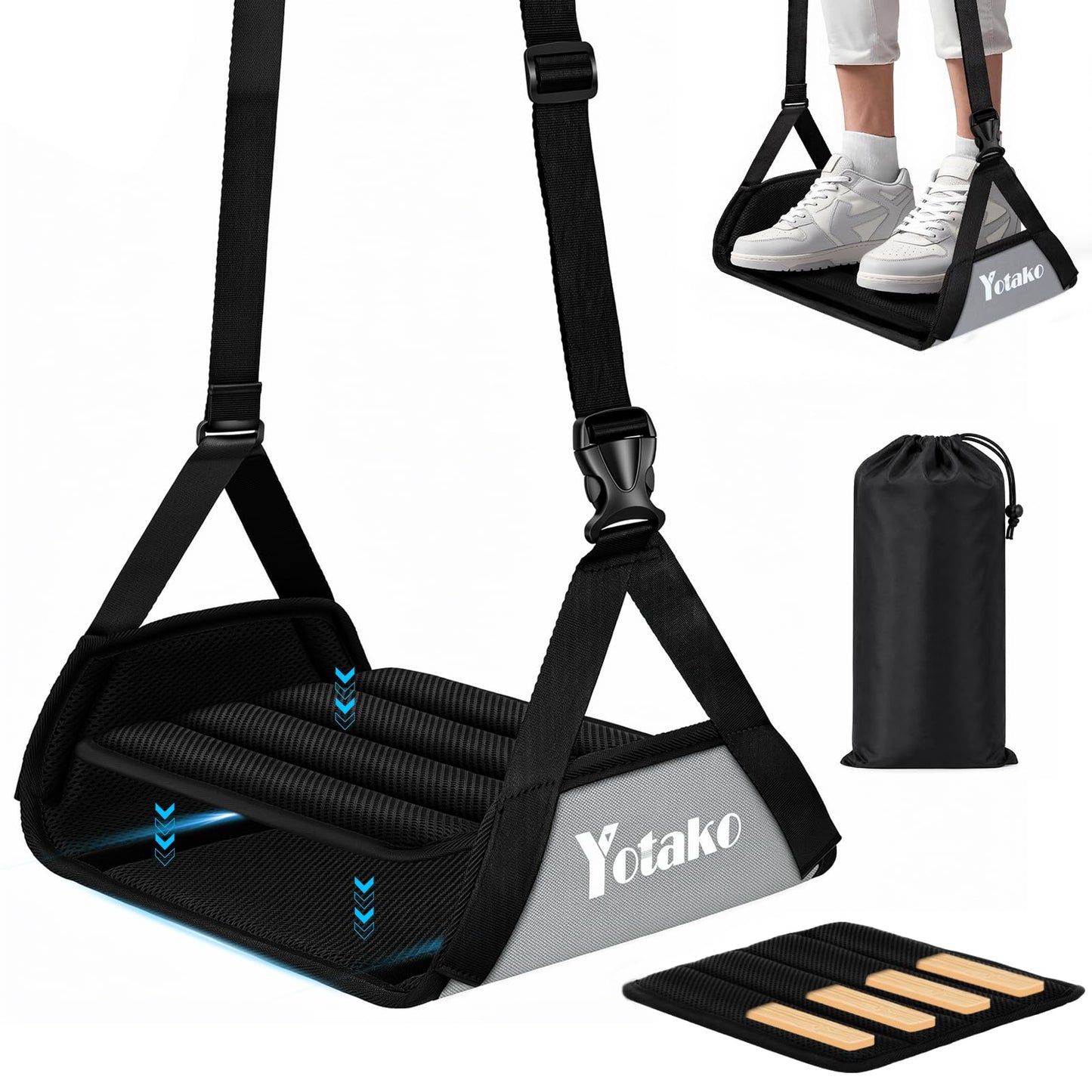 Yotako Foot Hammock for Flight - Adjustable Travel Airplane Foot Rest with Memory Foam & Bamboo Support, Portable Leg Hammock for Long Flights
