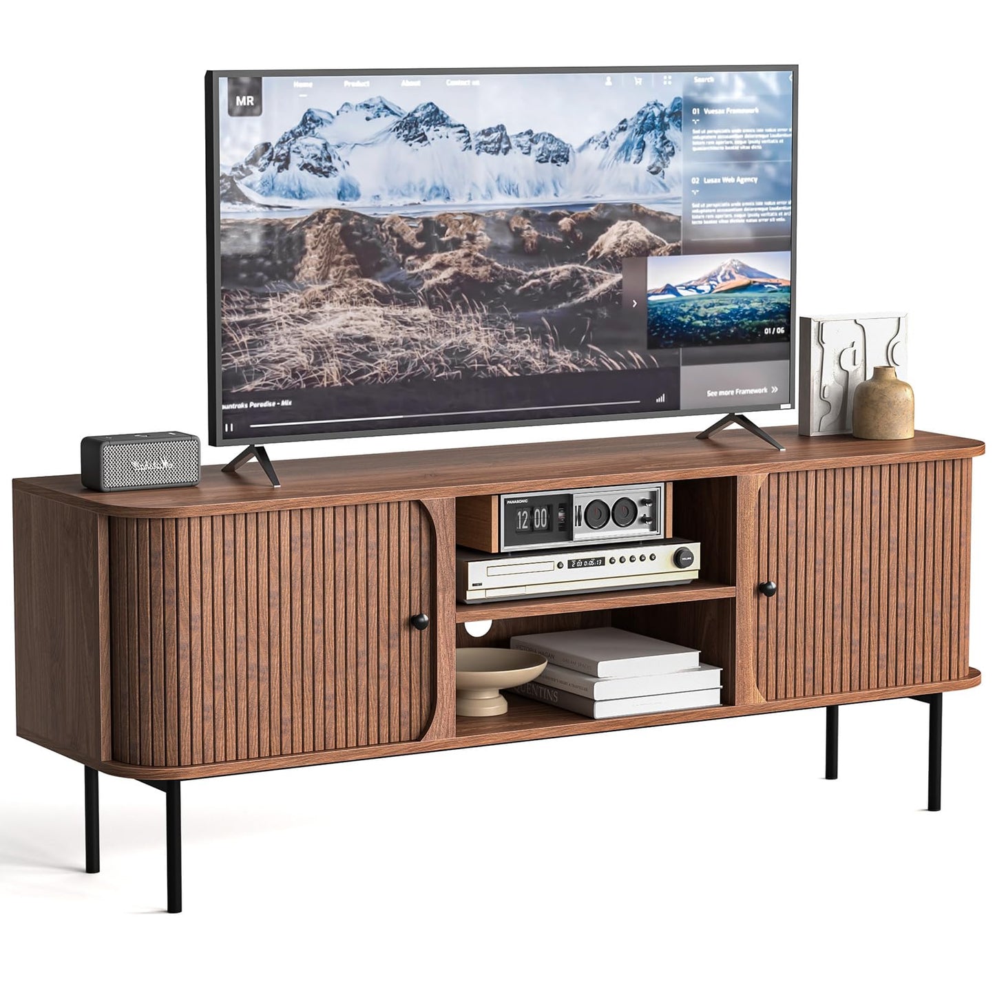 Skokliz TV Stand Cabinet for TVs up to 65 inch, Mid-Century Modern TV Console with 2 Tambour Door Storage, 150cm Long TV Cabinets for Living Room