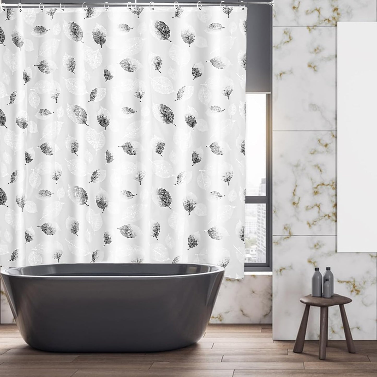 Shower Curtains Mould Proof Resistant - Leaves Patterned Semi-Transarent Shower Curtain, PEVA Waterproof Bathroom Curtains with 12 Hooks, 180 x 180 cm