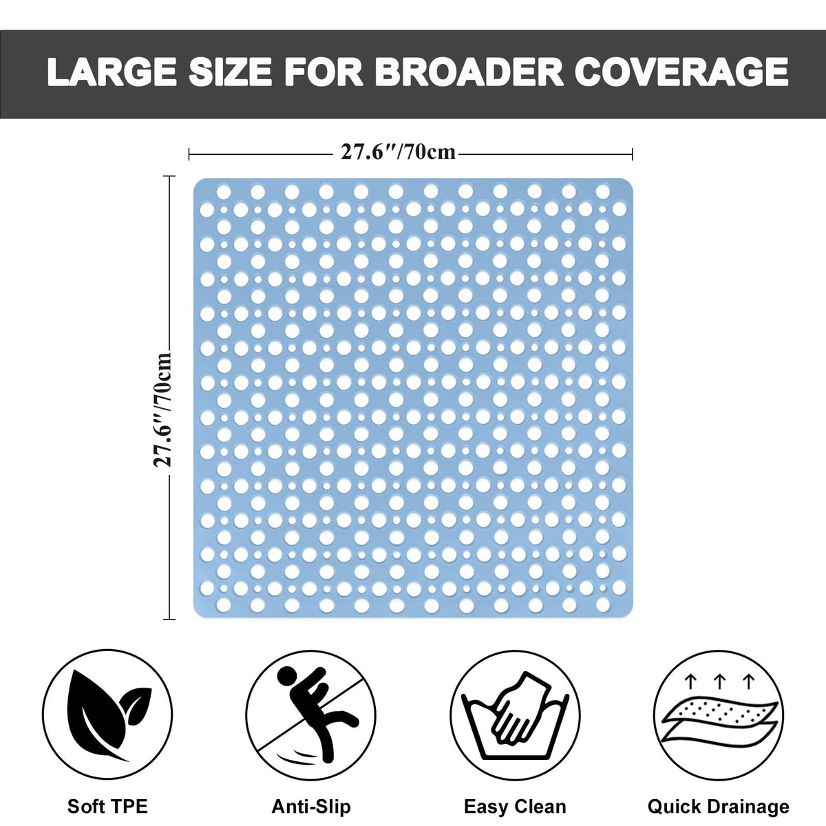 Square Shower Mat 70x70 cm, Non Slip Shower Mat, Soft TPE Large Shower Mats for Inside Shower, Bath Mat with Suction Cups & Drain Holes