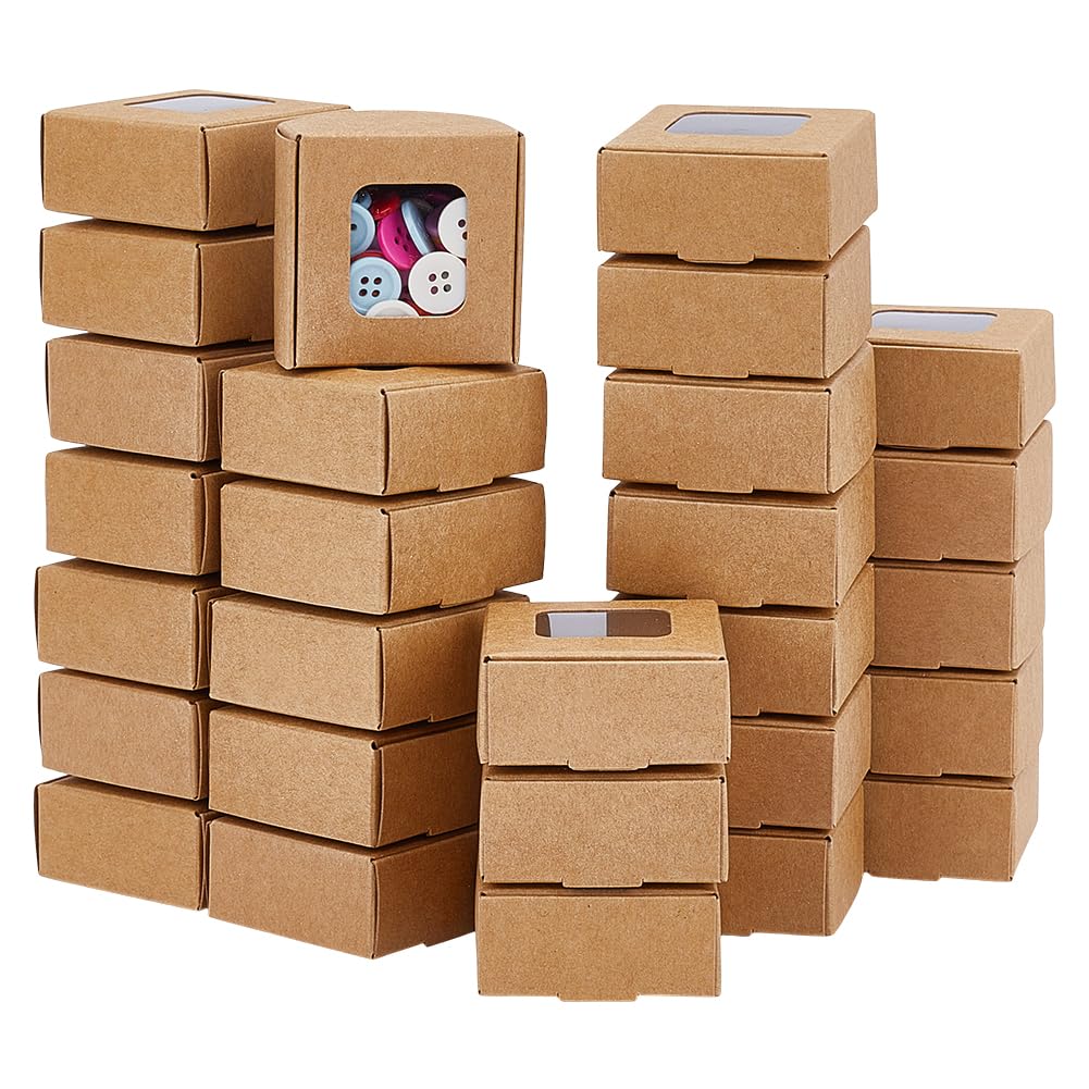 BENECREAT 60 Pack Square Clear Window Box, Brown Kraft Paper Container Party Favor Packaging Boxes