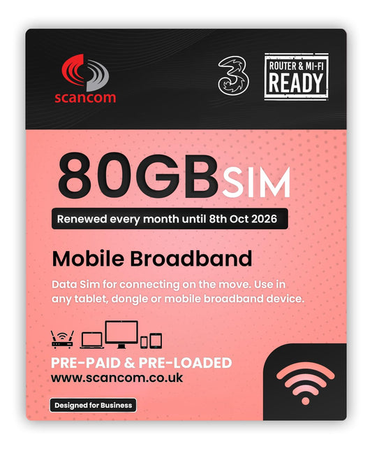 Three 80GB Data SIM - Uncapped 5G - Preloaded MONTHLY Until October 2026 - Plug & Play for Routers & Phones - Access to Three & Vodafone - Connects to