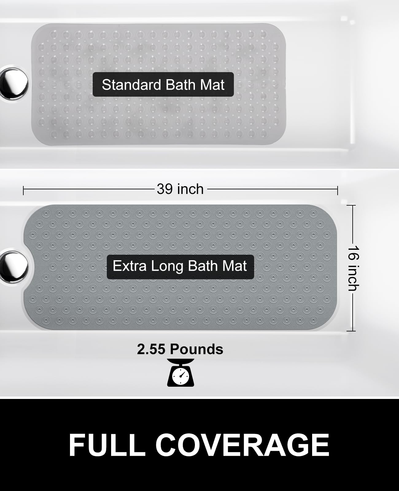 Yolife No Suction Cup Bath Mat: 40x100CM Extra Long Bathmat│Perfect for Refinished Bathtub Mat│Made of Nature Rubber│a Blessing for the Elderly and