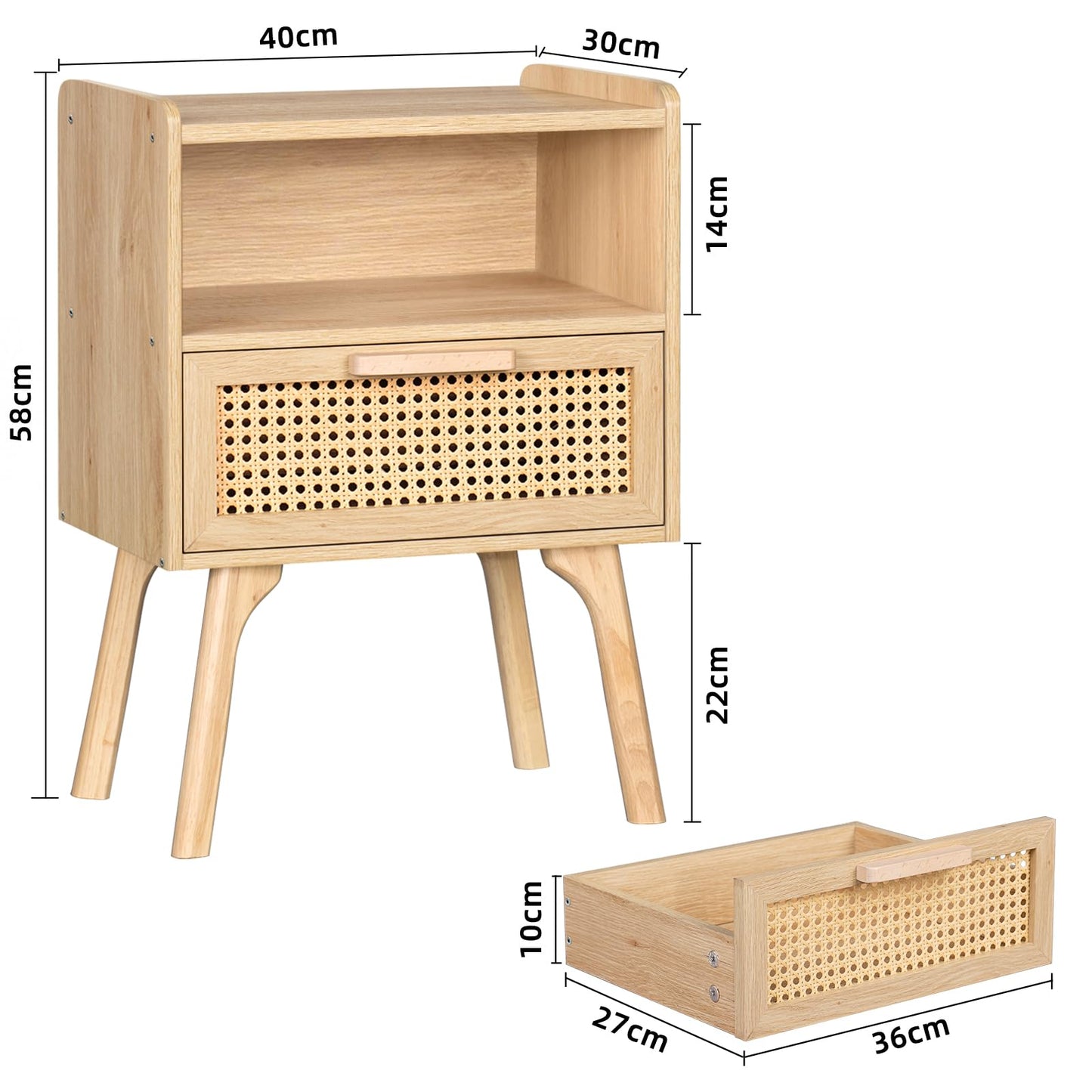 LELELINKY Rattan Bedside Table, Boho Wooden Side Table