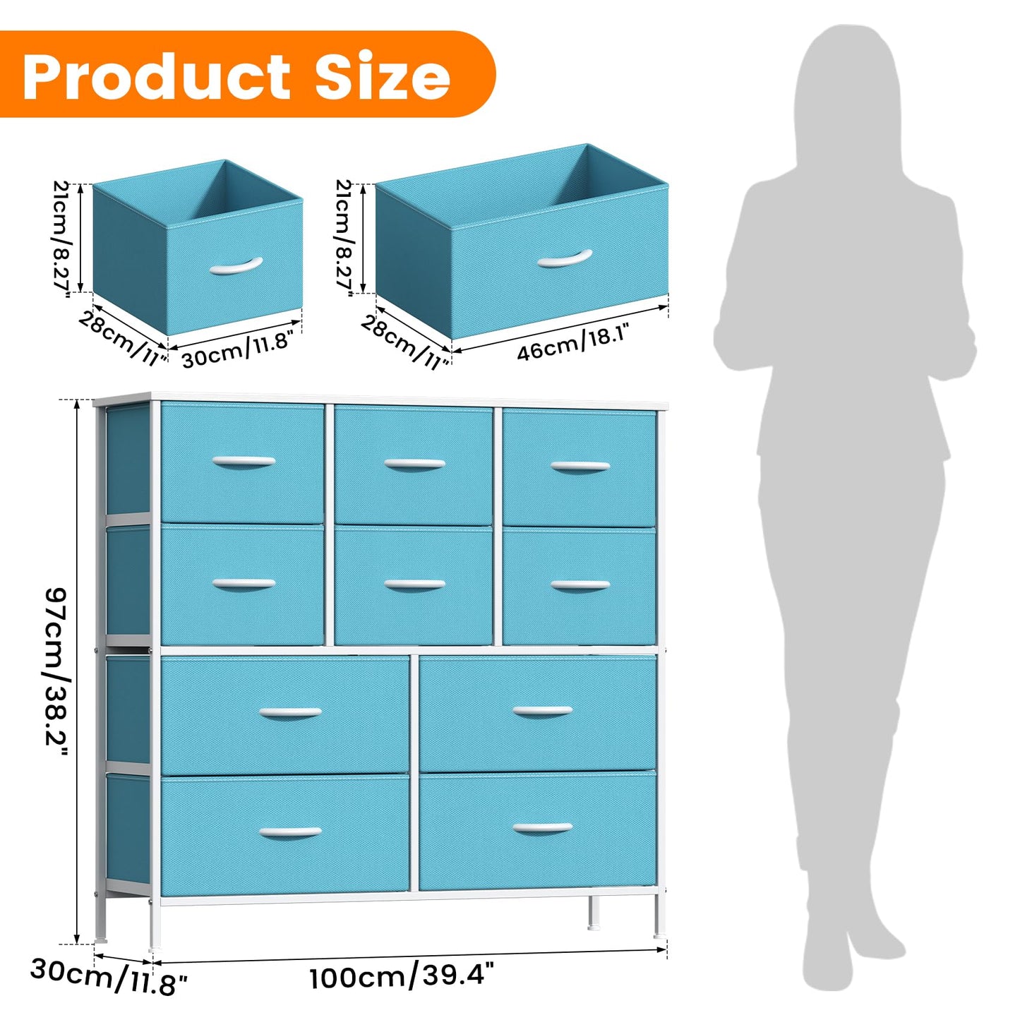 Feonase Chest of Drawers, Bedroom Tall Dresser with 10 Fabric Drawers, Metal Frame & MDF Wood Top, Adjustable Feet