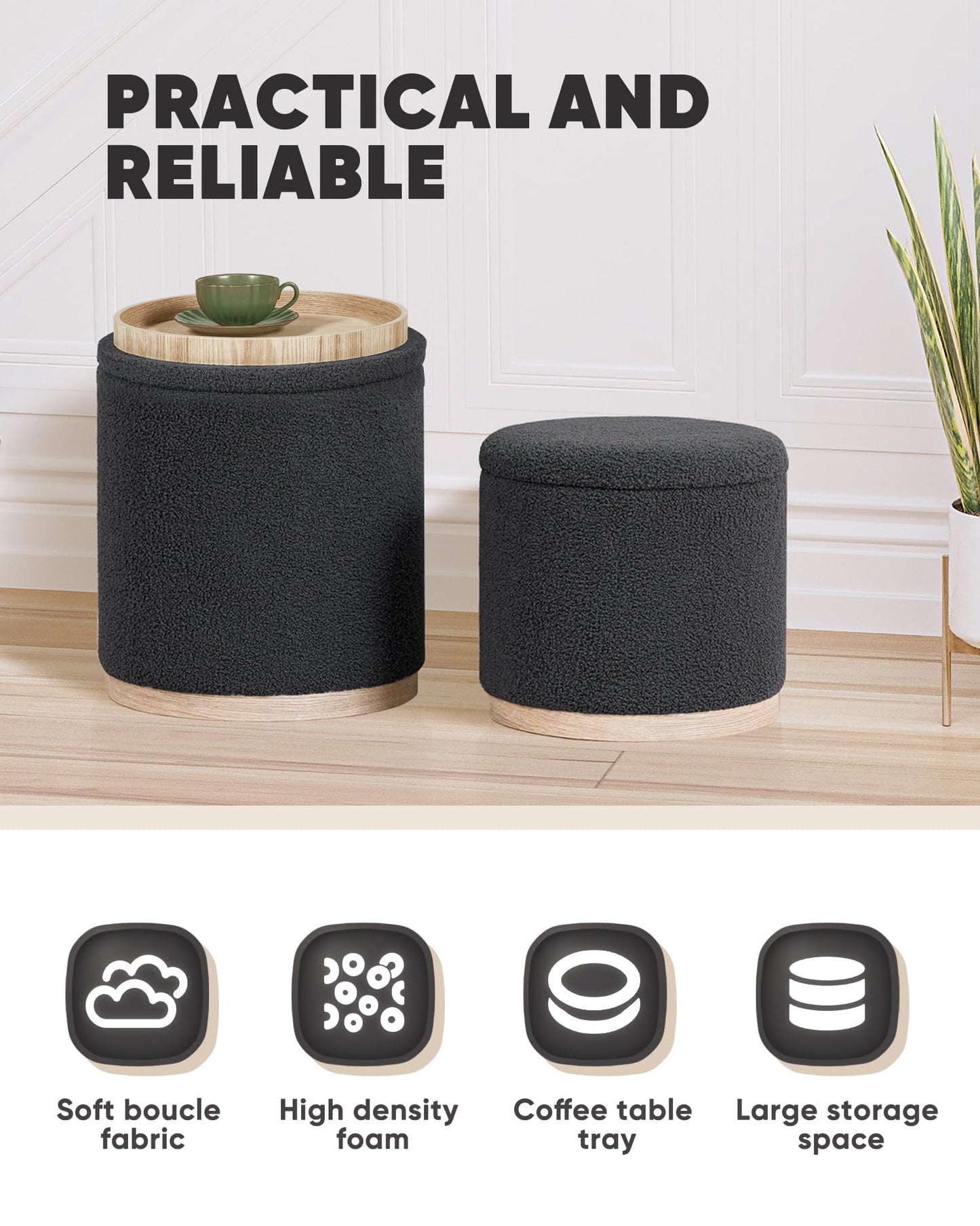 Bonlife Set of 2 Round Ottoman with Tray, Vanity Stool with Storage