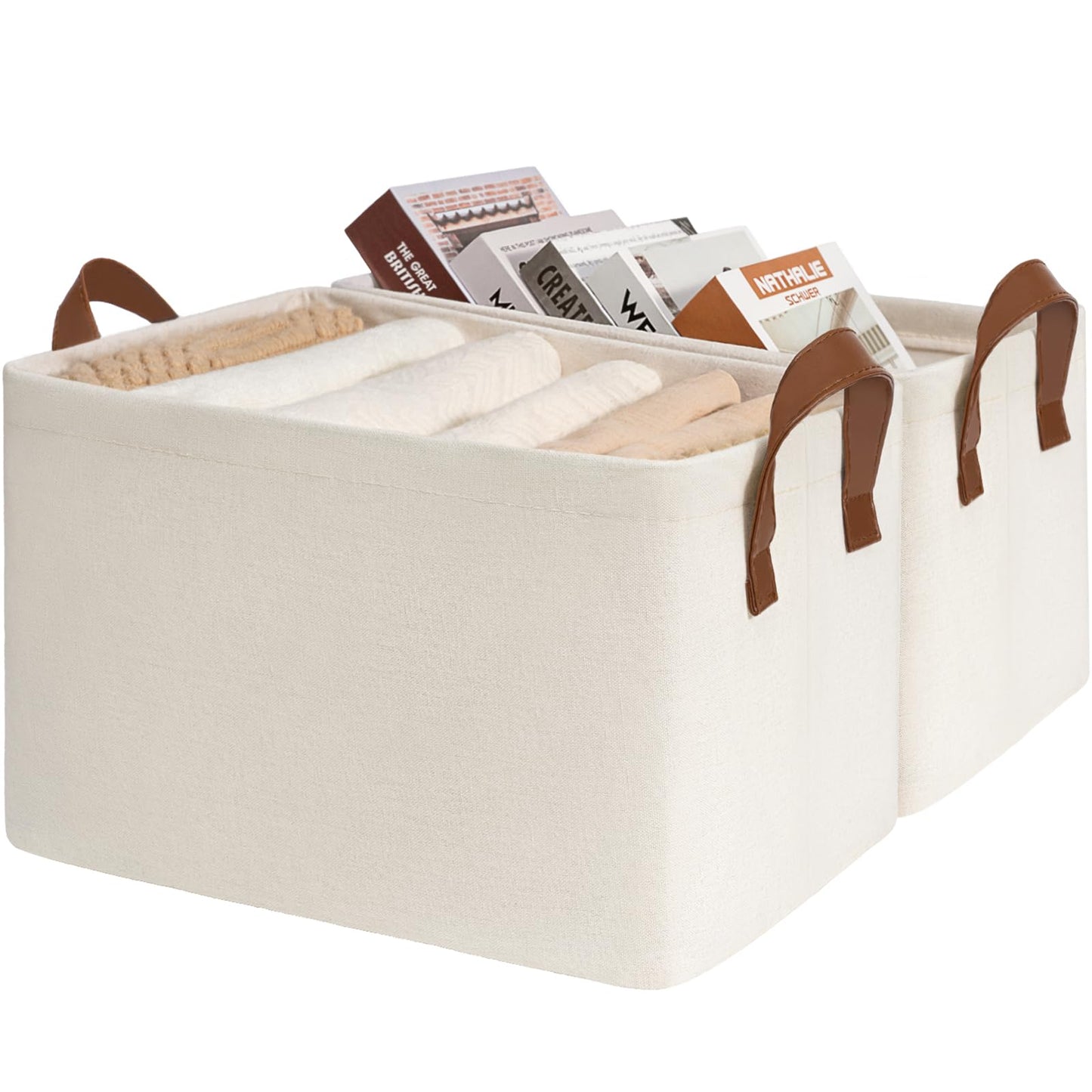 TIMEYARD Large Foldable Fabric Storage Baskets Shelf Bins Beige 2-Pack