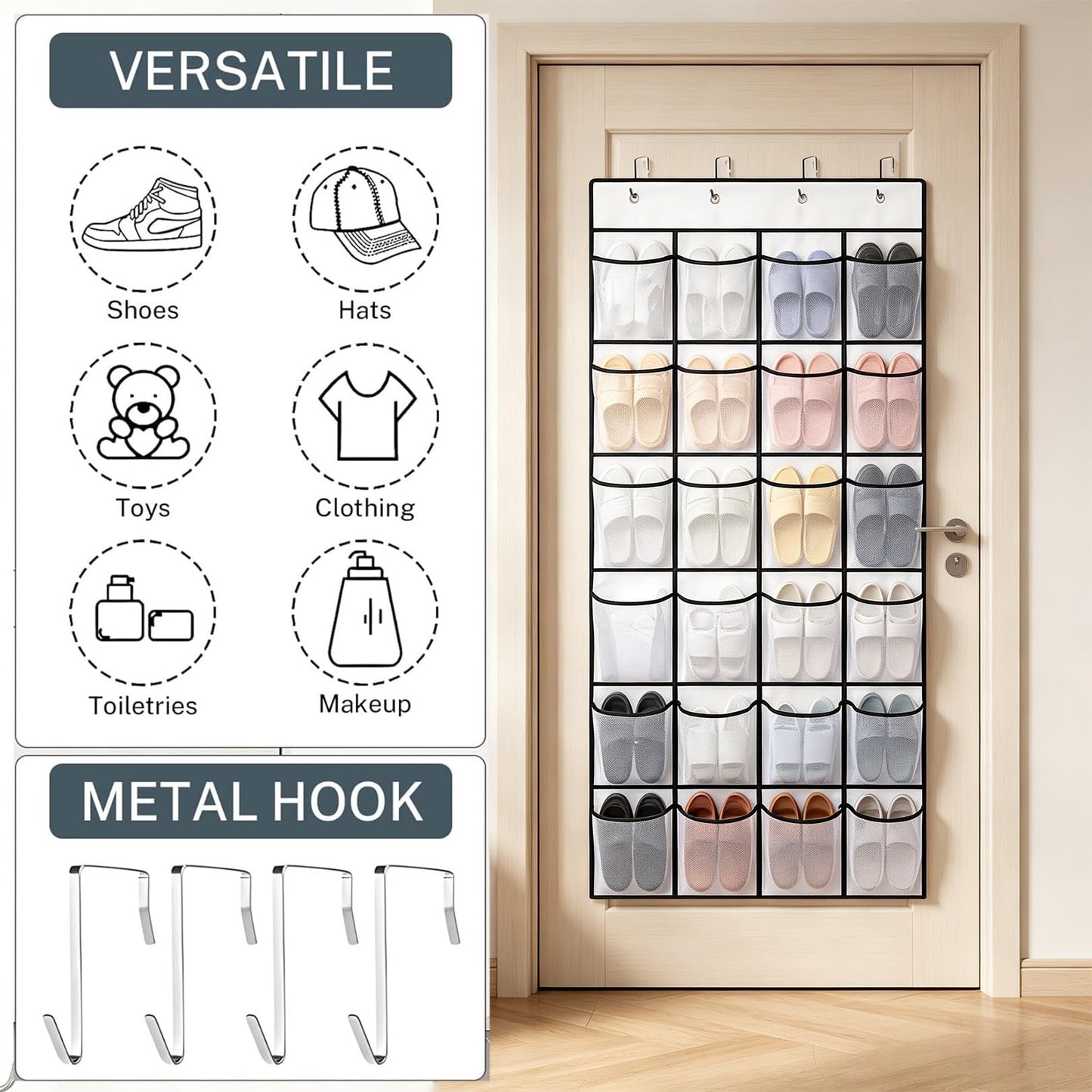 SOPSTUO Hanging Shoe Storage, Over Door Shoe Storage, Door Shoe Rack, 24 Breathable Mesh Huge Pockets