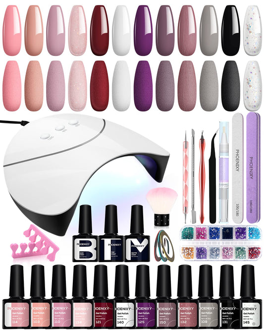 Phoenixy 12 Colours Gel Nail Kit, Gel Nail Polish Set Starter Kit with 36W U V LED Lamp Manicure Sets Gift for Women
