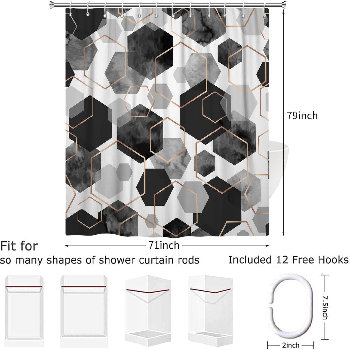 Hnmdmyi Black Shower Curtain 180x200, Modern Geometric Hexagon Abstract Art Bathroom Curtains Waterproof Polyester Fabric Washable Bath Curtains with