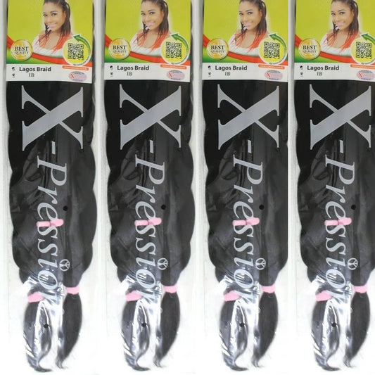 X-Pression 1B 4 PACK XPRESSION LAGOS BRAID Pre-Pulled Hair Extension, Braiding Hair, 42? & 46? Pack, (Colour 1B, Natural Black), 4.0 count