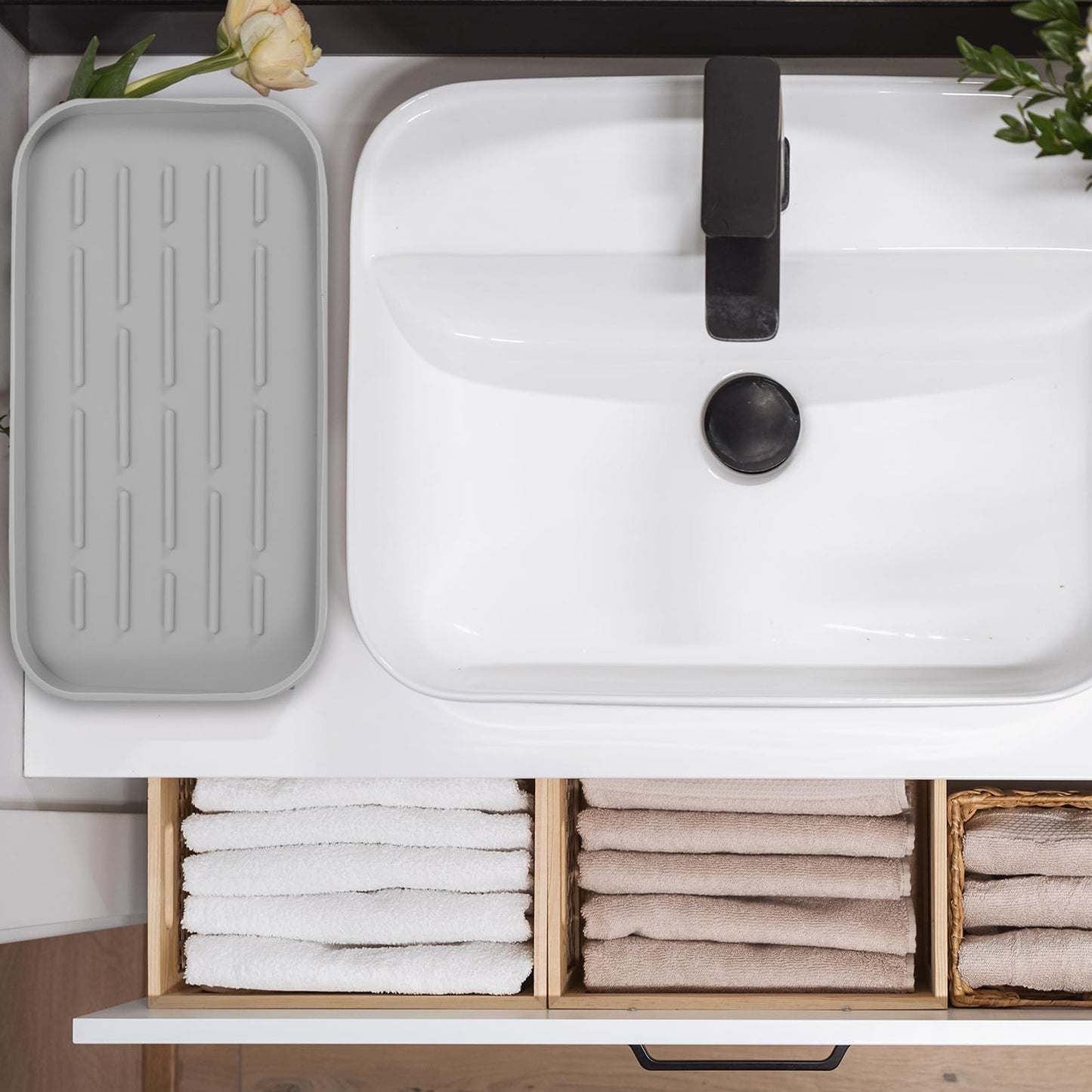 sourcing map Silicone Kitchen Sink Organizer Tray, Silicone Soap Dispenser Tray Soap(Grey)