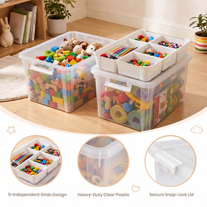 Craft Storage 5 Compartment Removable Tray with Gray Handle, Clear Storage Box with Lid, Stackable Craft Box for Art Supplies, Beads, Sewing Tools