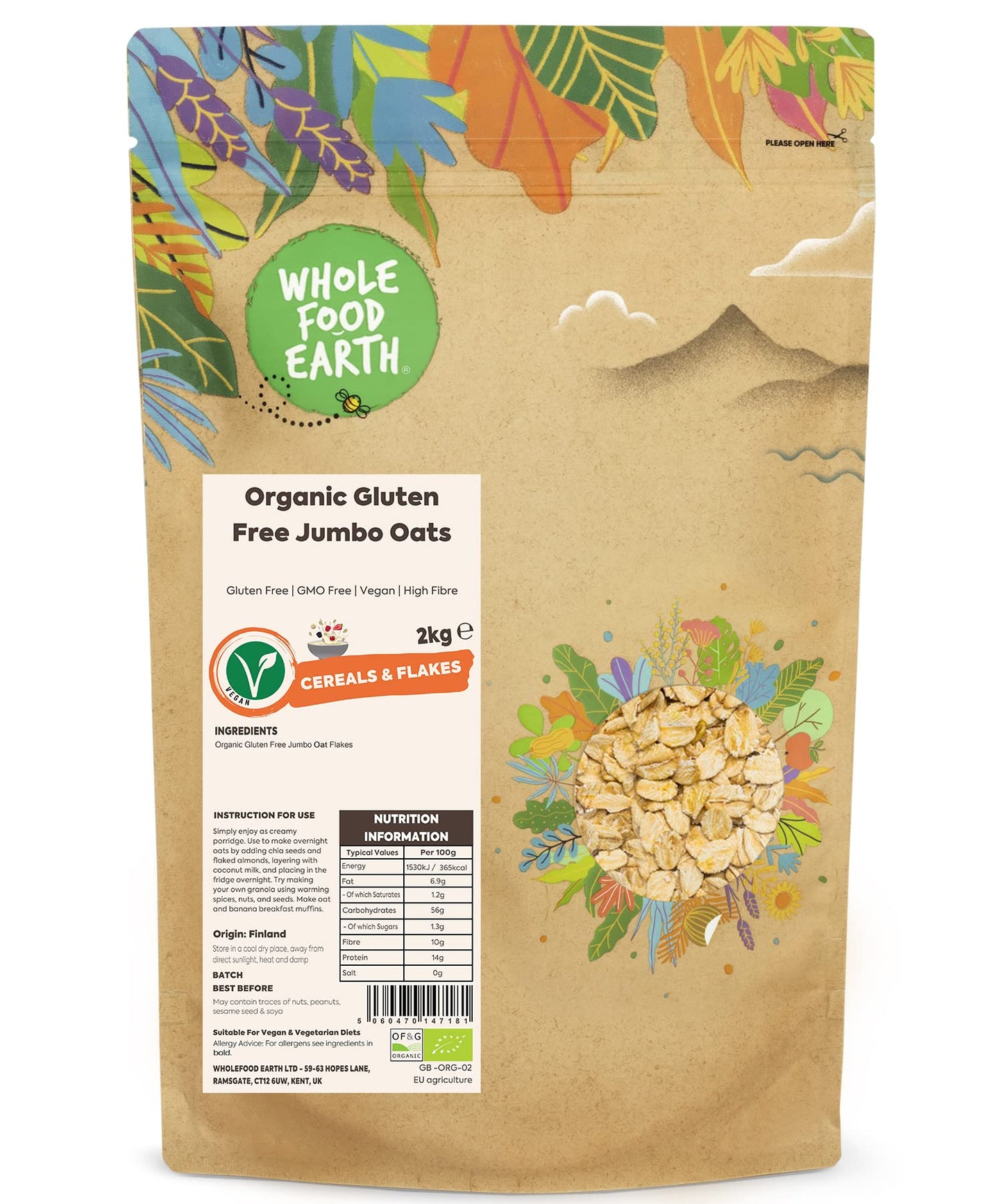 Wholefood Earth Organic Gluten Free Jumbo Oats ? 2 kg | GMO Free | Vegan | High Fibre | Certified Organic