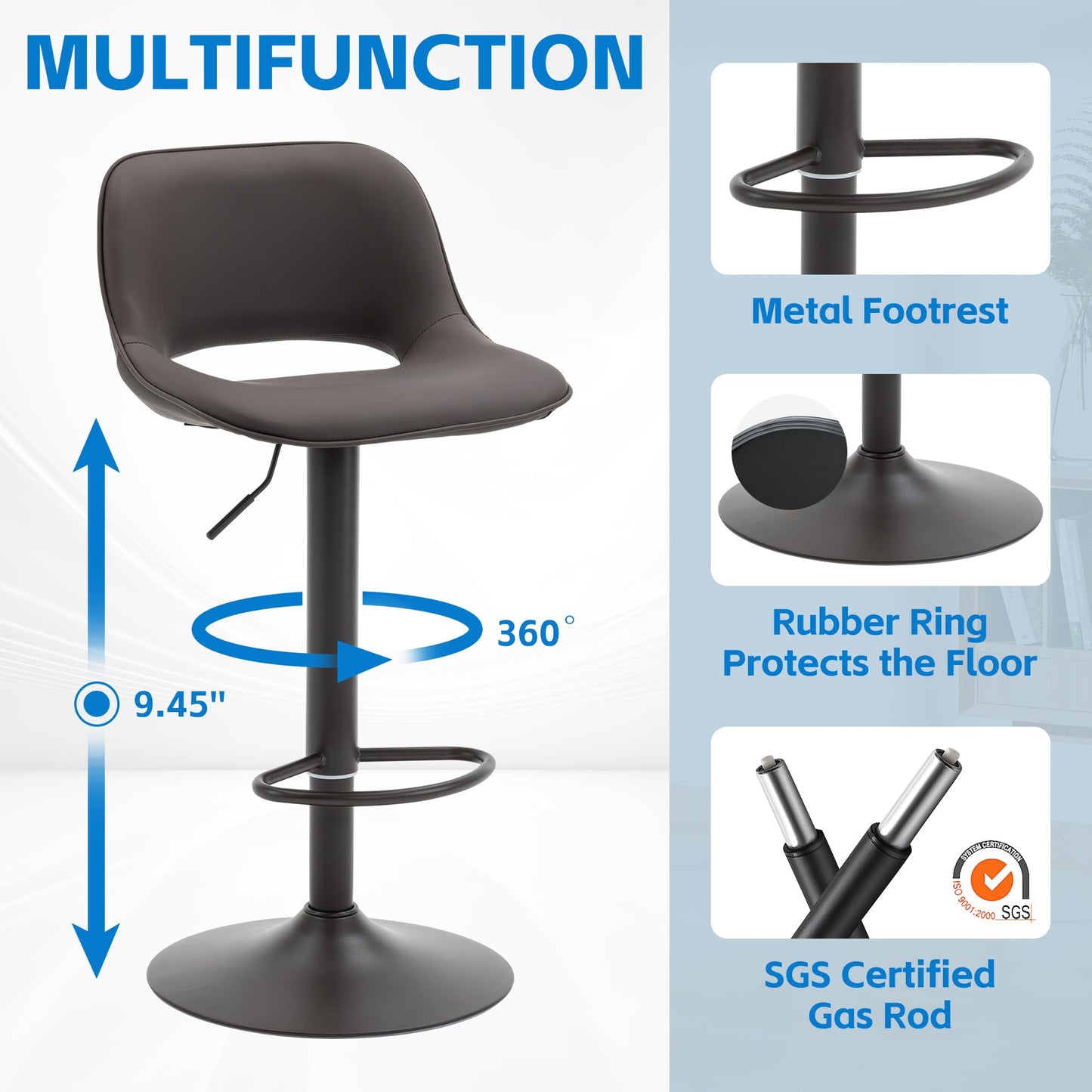 YOUNIKE Modern Swivel Bar Stools Set of 2 - Adjustable Counter Height with Faux Leather Upholstered, Hollow Back for Kitchen Island, Brown