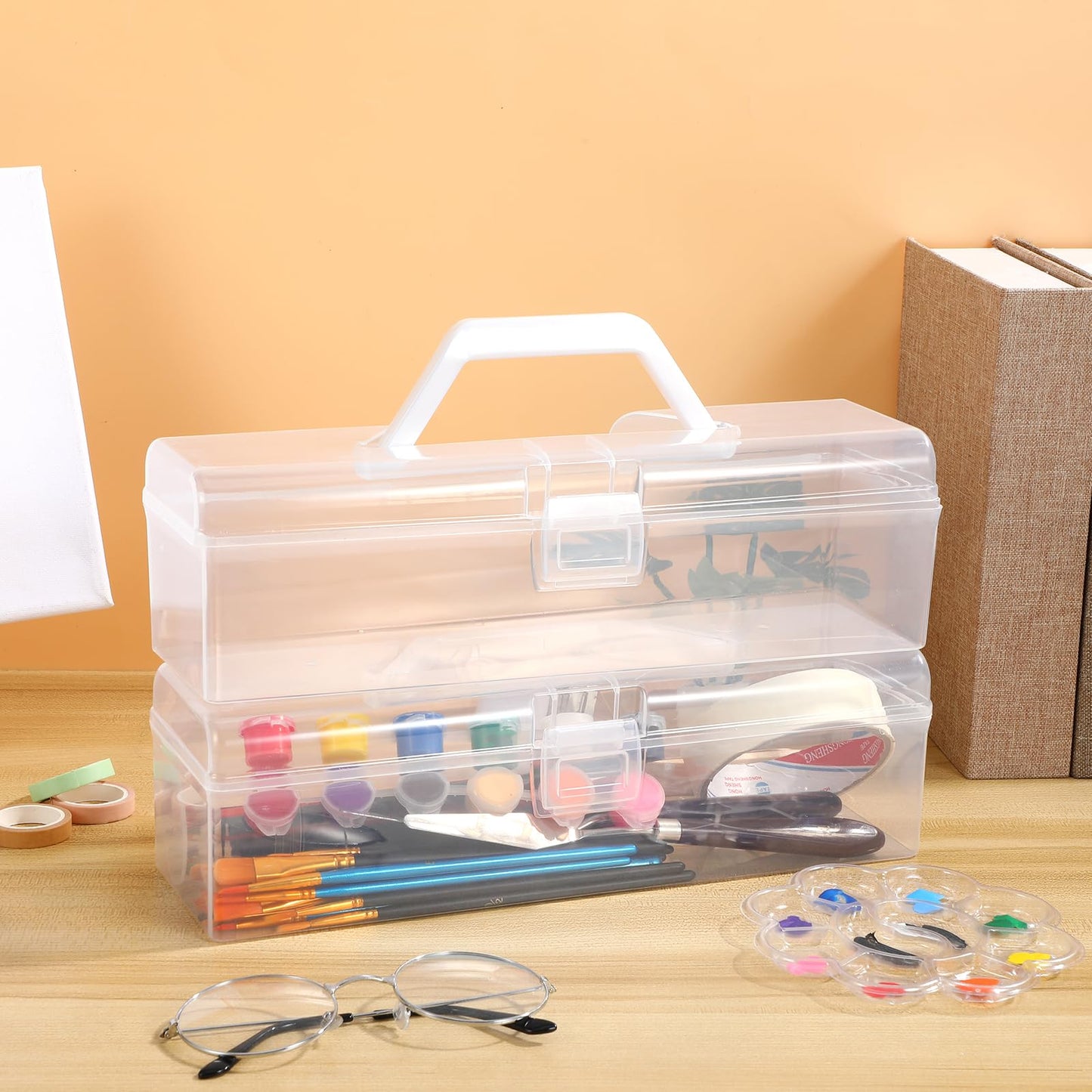 UKCOCO Storage Boxes with Handle: 2 pack Clear Plastic Storage Boxes with Lid Small Portable Craft Organiser for Arts Crafts, Stationery, Pencil
