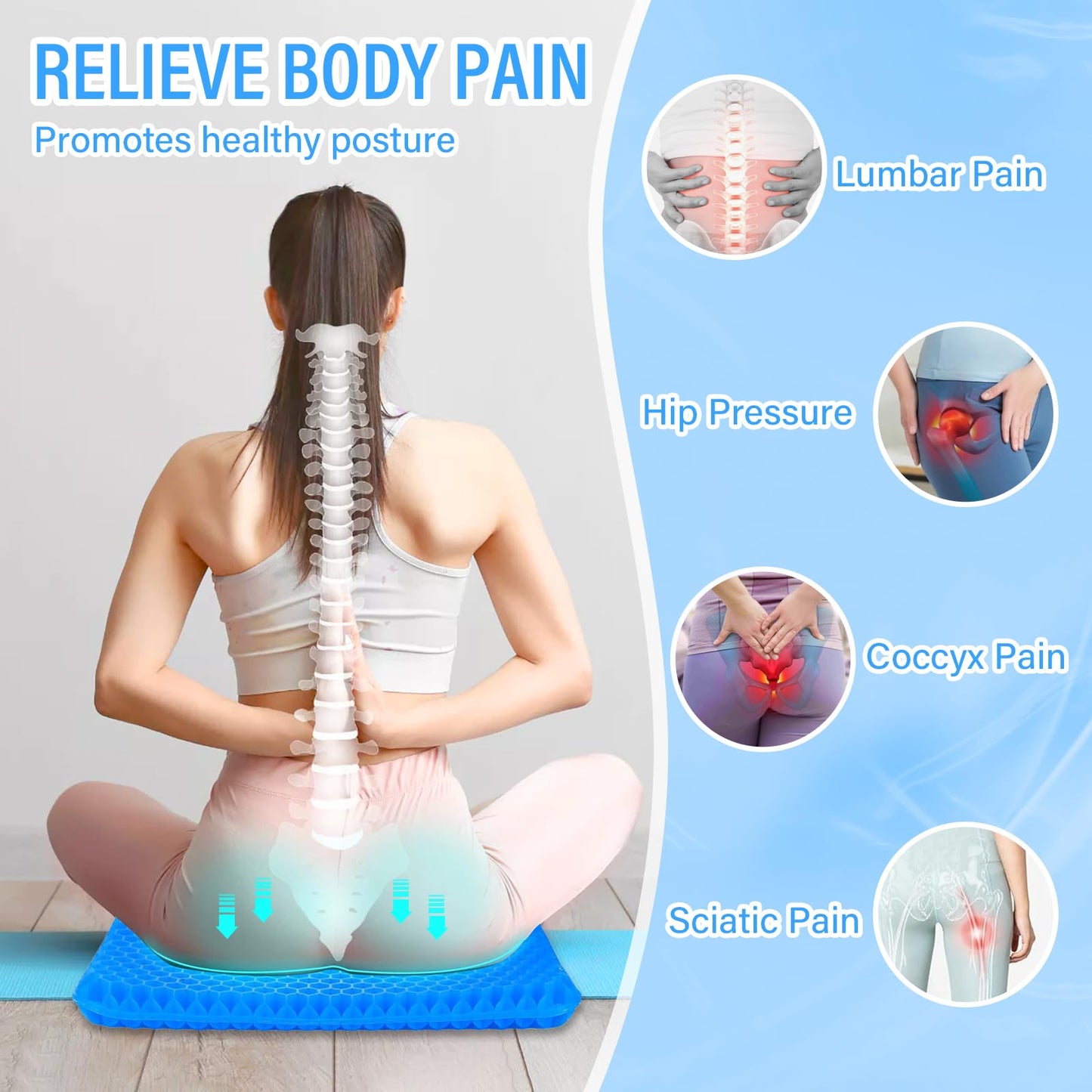 Gel Seat Cushion,Soft Sitter Honeycomb Ergonomic Cushion Cool Gel Cushion Large Double Thick Gel Cushion with Cloth Cover Pressure Pain Relief