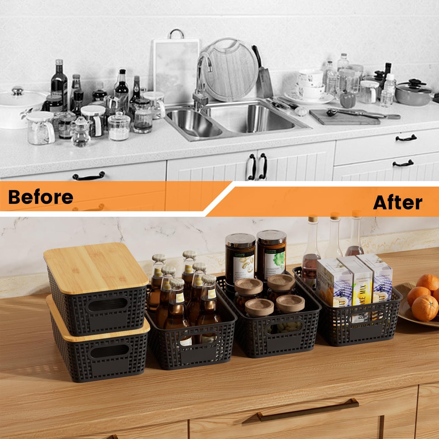 Shrivee Set of 6 Storage Boxes with Bamboo Lids, Bathroom, Kitchen Storage Boxes for Shelves, Cupboards, Cabinets and Home (Black, Set of 6 5 Litres)
