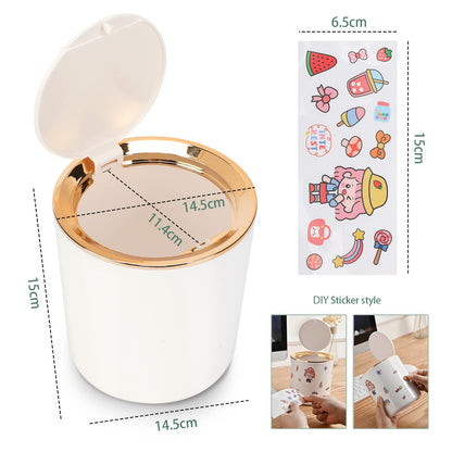 Desk Bin with Lid, Mini Table Trash Can,15 * 14.5cm Portable Small Dustbin for Bathroom Living Room Kitchen Car Dressing Table Black