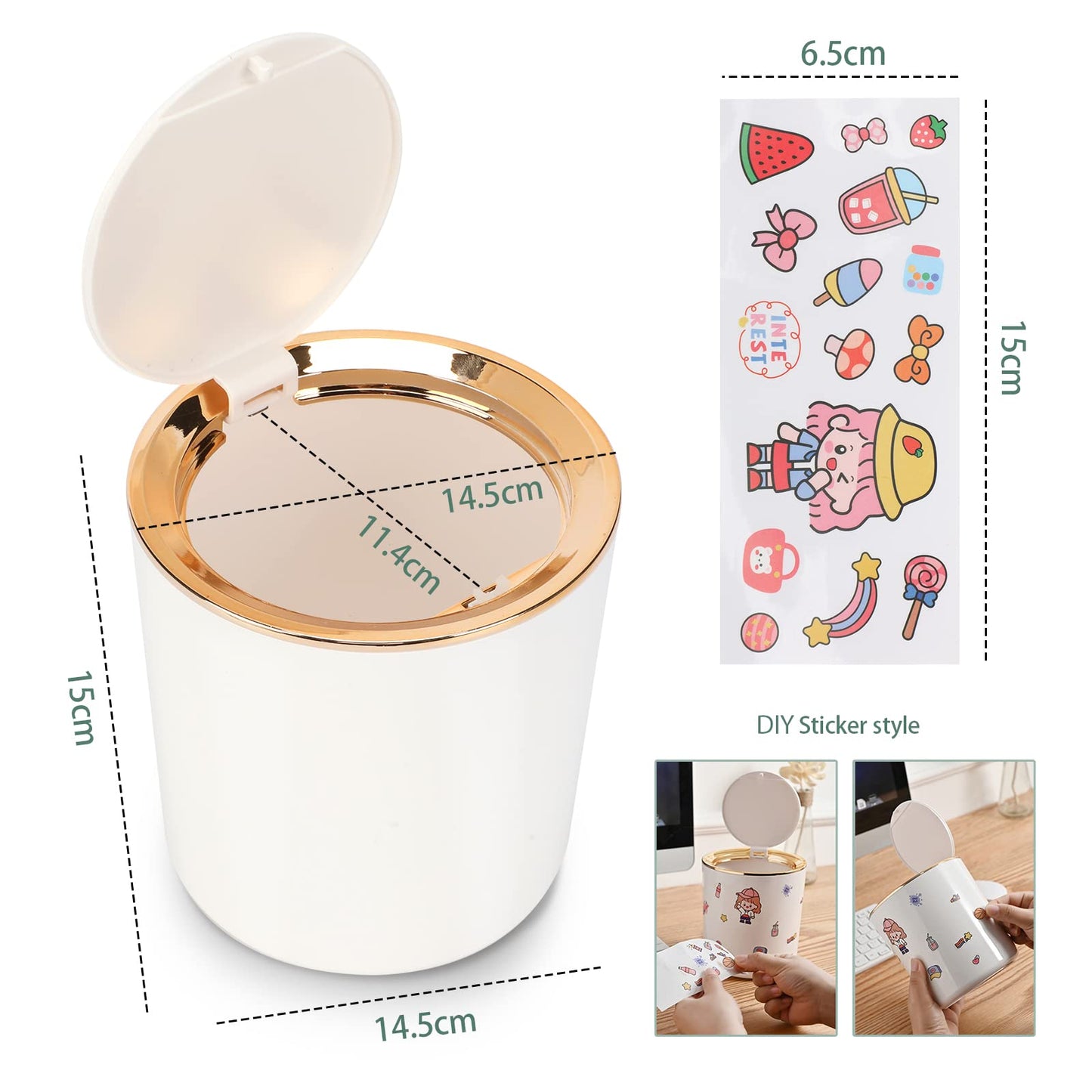 Desk Bin with Lid, Mini Table Trash Can,15 * 14.5cm Portable Small Dustbin for Bathroom Living Room Kitchen Car Dressing Table (Light green)