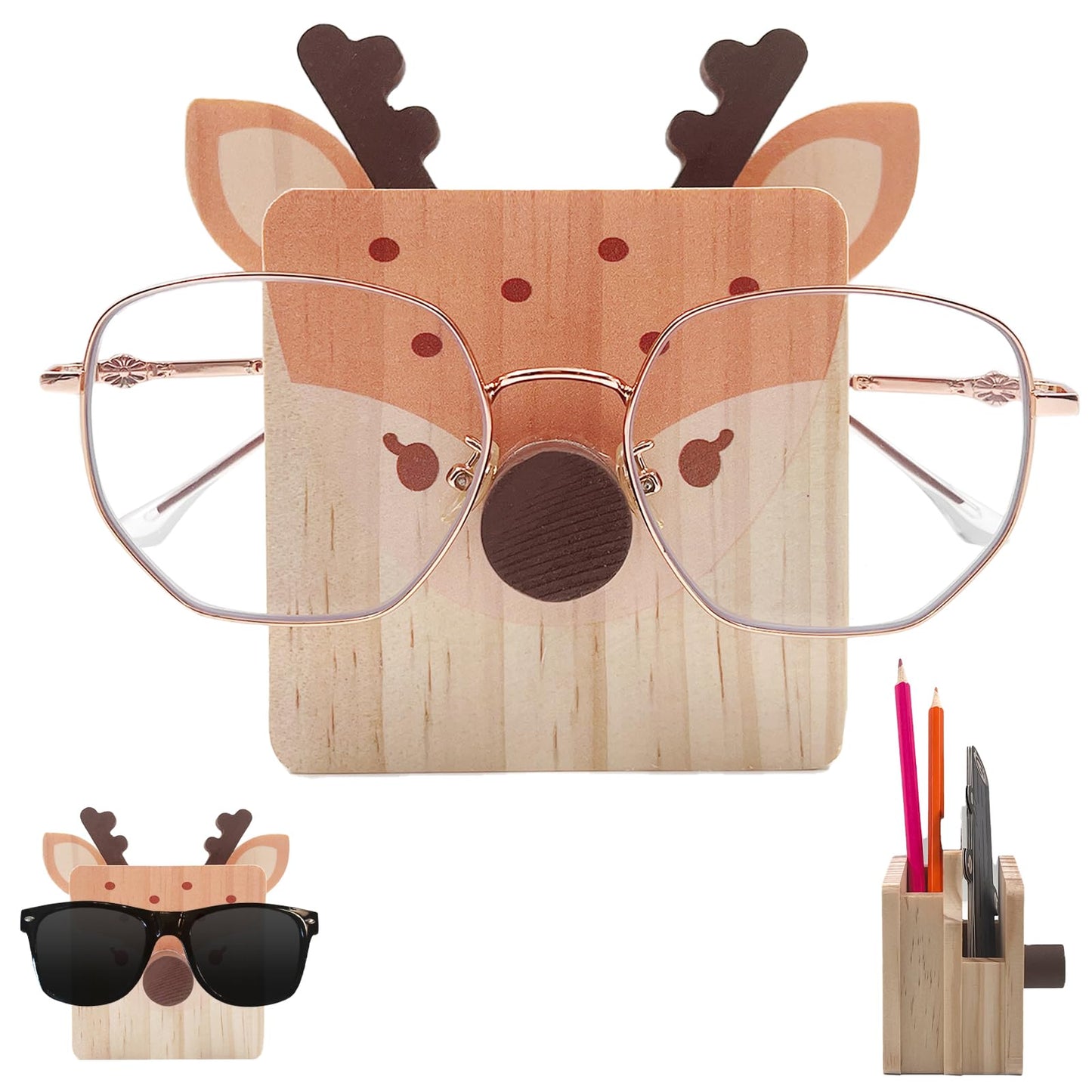 Daily Treasures Deer Wooden Eyeglass Holder Stand,Cute Animal Glasses Holder with Stationery Storage Case,Handmade Wood Eyeglass Rack,Strudy